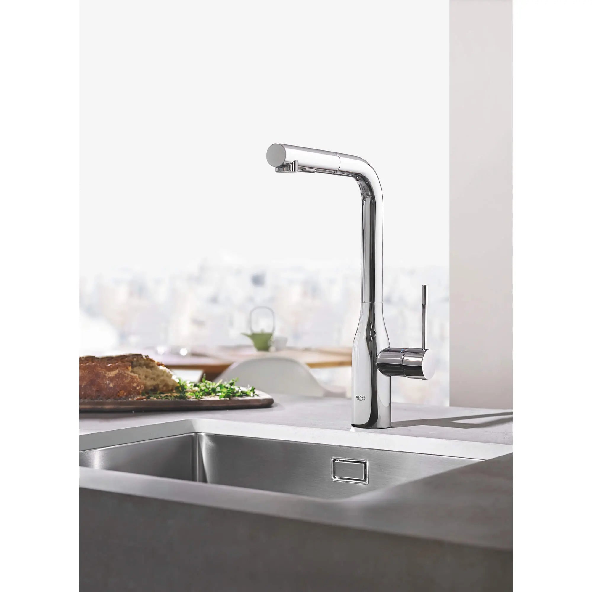 Essence Single-Handle Pull-Out Kitchen Faucet Dual Spray 1.75 GPM (6.6 L/min) // GROHE STARLIGHT CHROME // 1486_30271000-single-handle-kitchen-faucet-enviro-6_0_CDNwebp.webp