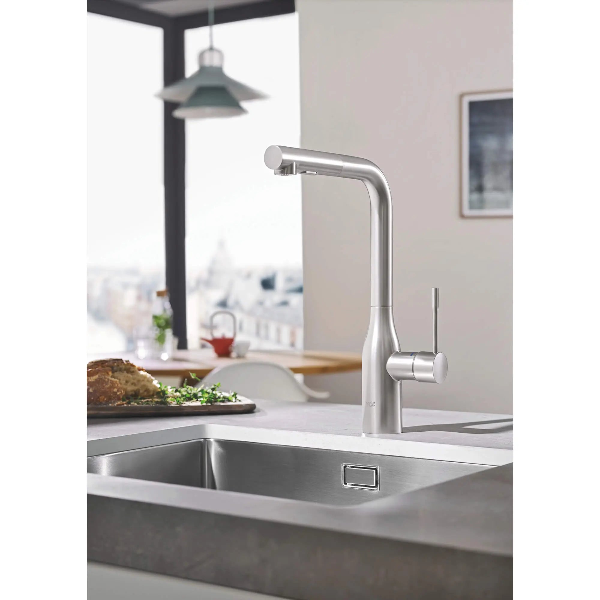 Essence Single-Handle Pull-Out Kitchen Faucet Dual Spray 1.75 GPM (6.6 L/min) // SUPERSTEEL INFINITYFINISH // 1491_30271dc0-single-handle-kitchen-faucet-enviro-1_0_CDNwebp.webp