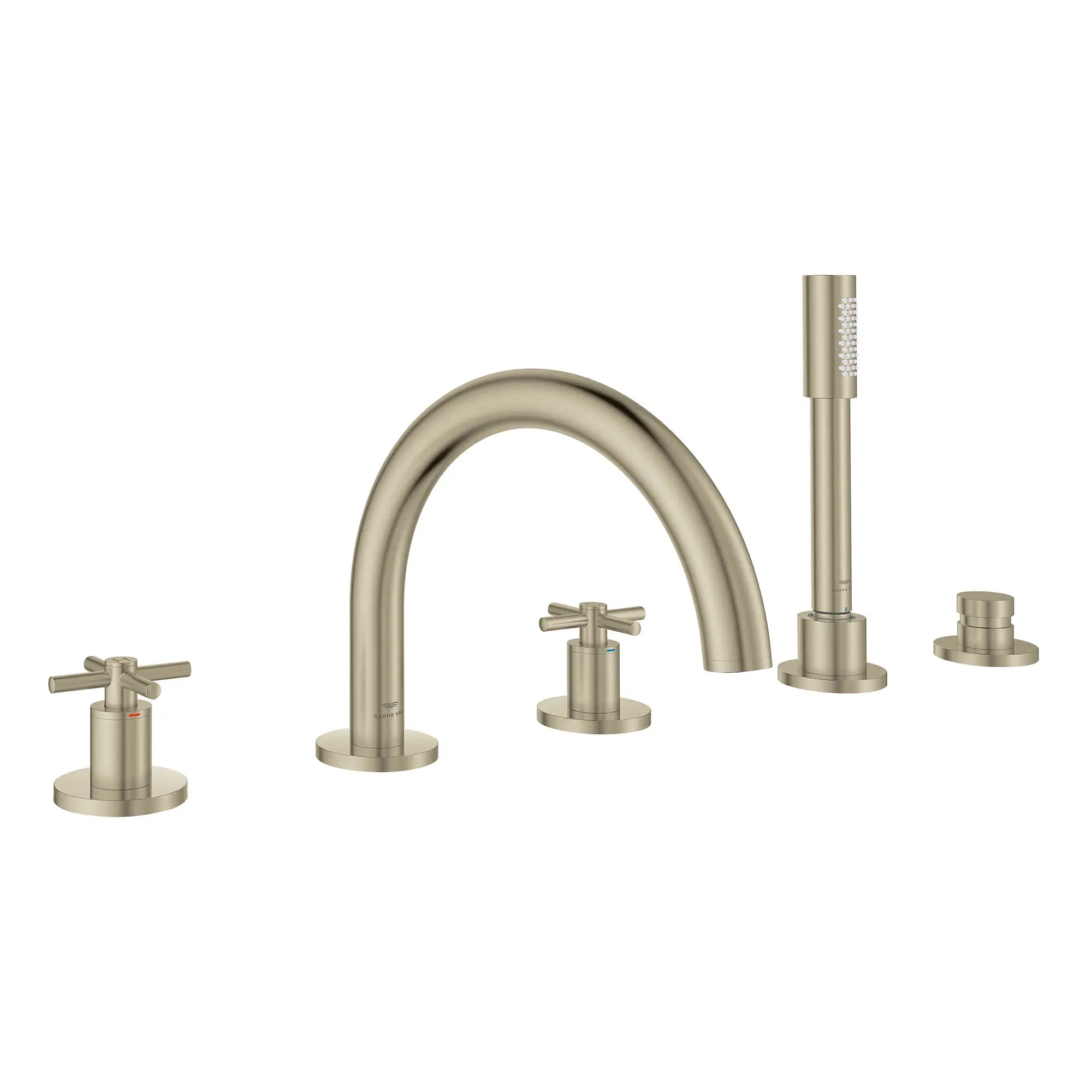 5-Hole 2-Handle Deck Mount Roman Tub Faucet with 6.6 L/min (1.75 GPM) Hand Shower // BRUSHED NICKEL INFINITYFINISH // 161425_Atrio_SiloRight_25274EN0_001_Feb2023_0_CDNwebp.webp