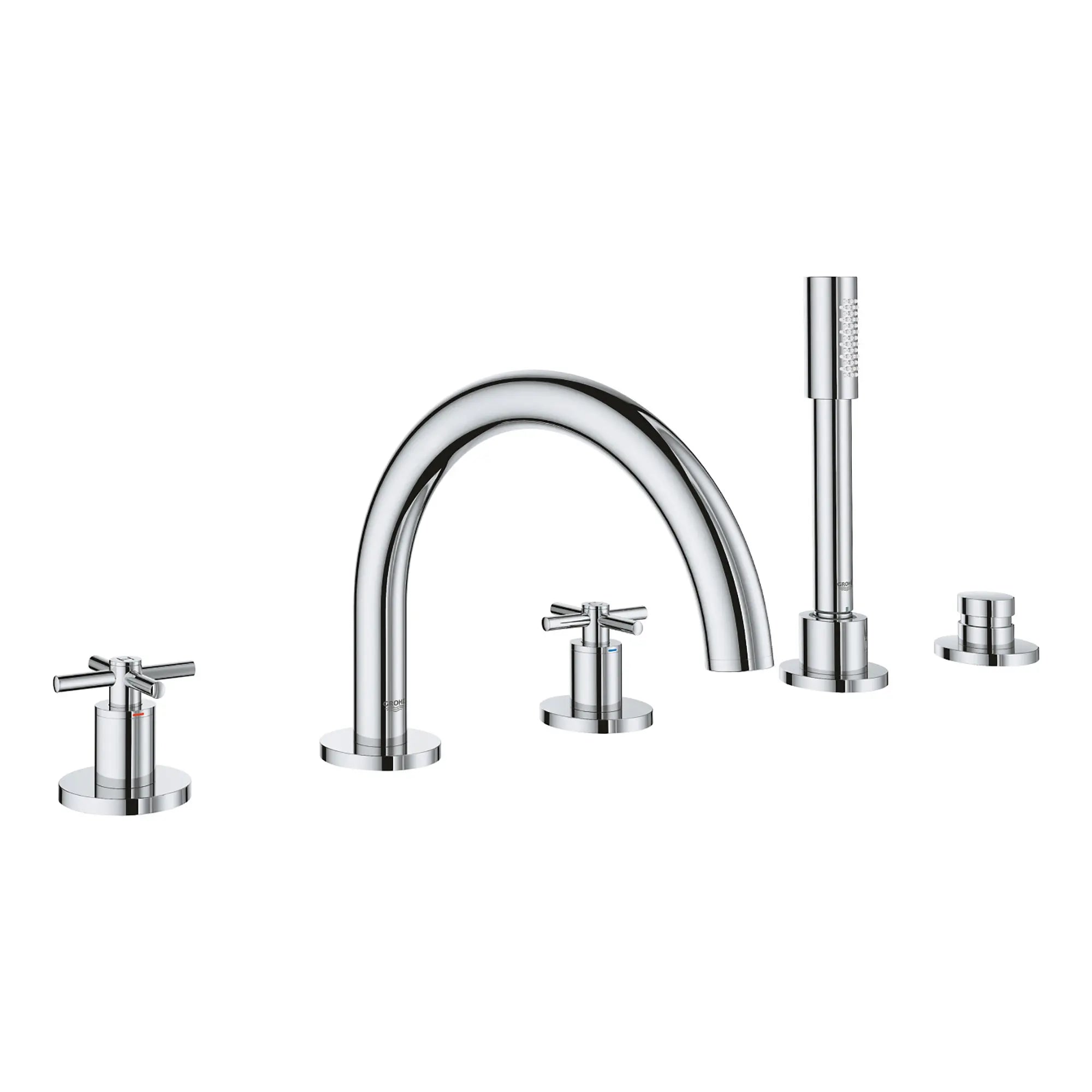 5-Hole 2-Handle Deck Mount Roman Tub Faucet with 1.75 GPM Hand Shower // GROHE STARLIGHT CHROME // 163622_25049003-Atrio-Five-Hole-Roman-Tub-Filler-With-Hand-Shower-in-Chrome-Silo-2_0_CDNwebp.webp