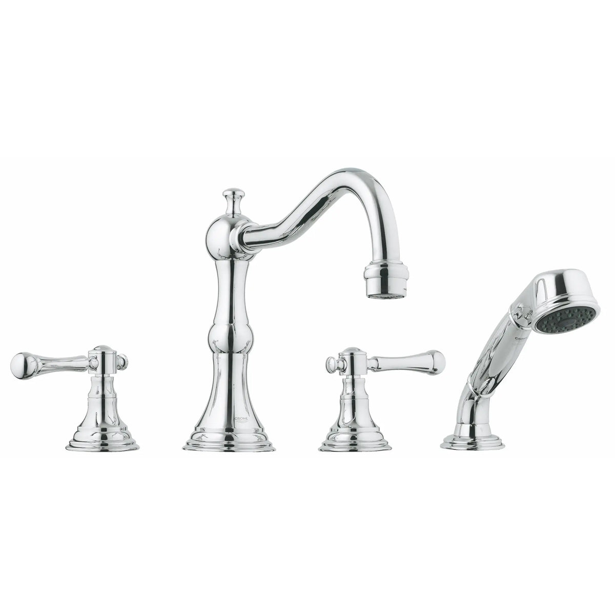 4-Hole 2-Handle Deck Mount Roman Tub Faucet with 9.5 L/min (2.5 gpm) Hand Shower // GROHE STARLIGHT CHROME // 163624_25080000-Bridgeford-Roman-Tub-Filler-With-Personal-Hand-Shower-in-Chrome-Silo-1_0_CDNwebp.webp