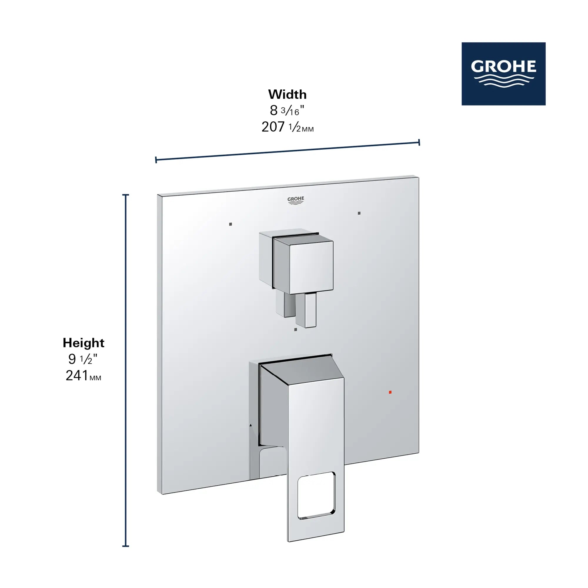 EUROCUBE PRESSURE BALANCE VALVE TRIM WITH 3-WAY DIVERTER WITH CARTRIDGE // GROHE STARLIGHT CHROME // 163990_GROHE_GrohSafe_3.0_3WayTrim_Valve_Eurocube_29426000_Info_3_0_CDNwebp.webp