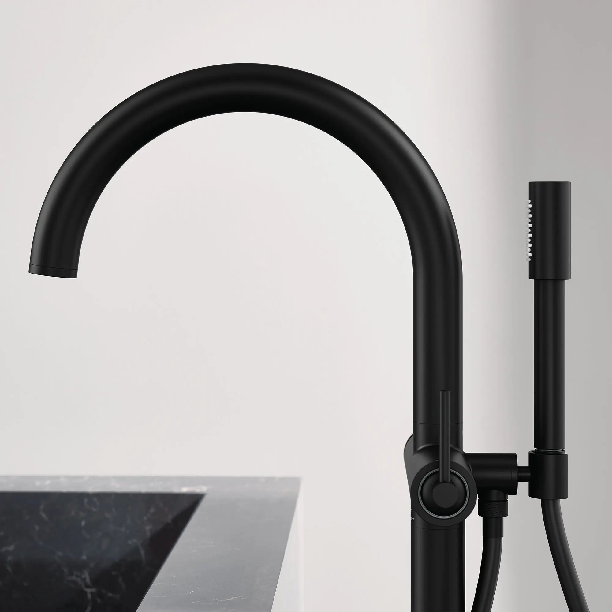 Atrio Single-Handle Freestanding Tub Faucet with 1.75 GPM (6.6 L/min) Hand Shower // MATTE BLACK // 163999_Atrio_EnvironmentCloseUp_243682430_0002_Jun2023_0_CDNwebp.webp