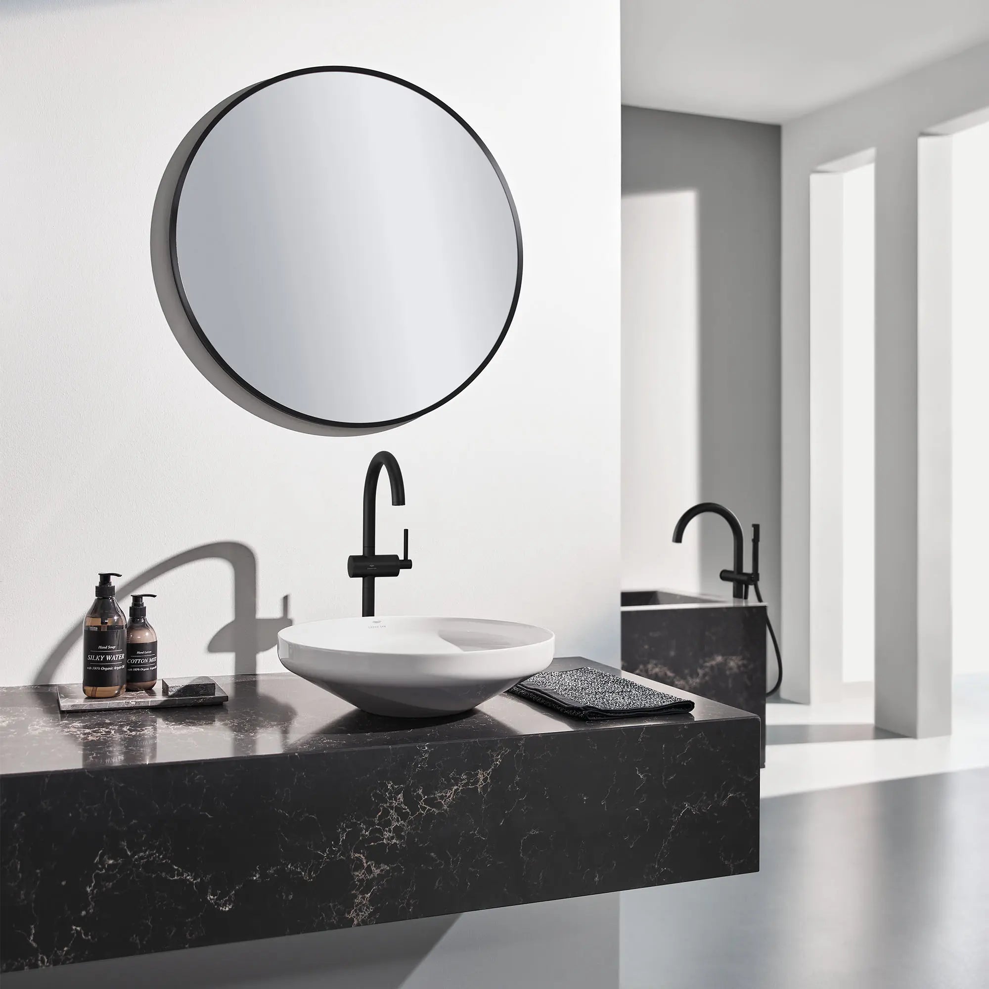 Atrio Single Hole Single-Handle L-Size Bathroom Faucet, 1.2 GPM (4.5 L/min) // MATTE BLACK // 164509_Atrio_EnvironmentFull_243502430_243682430_0001_Jun2023_0_CDNwebp_99713d93-461f-405f-9ce9-f65a3fcb730d.webp