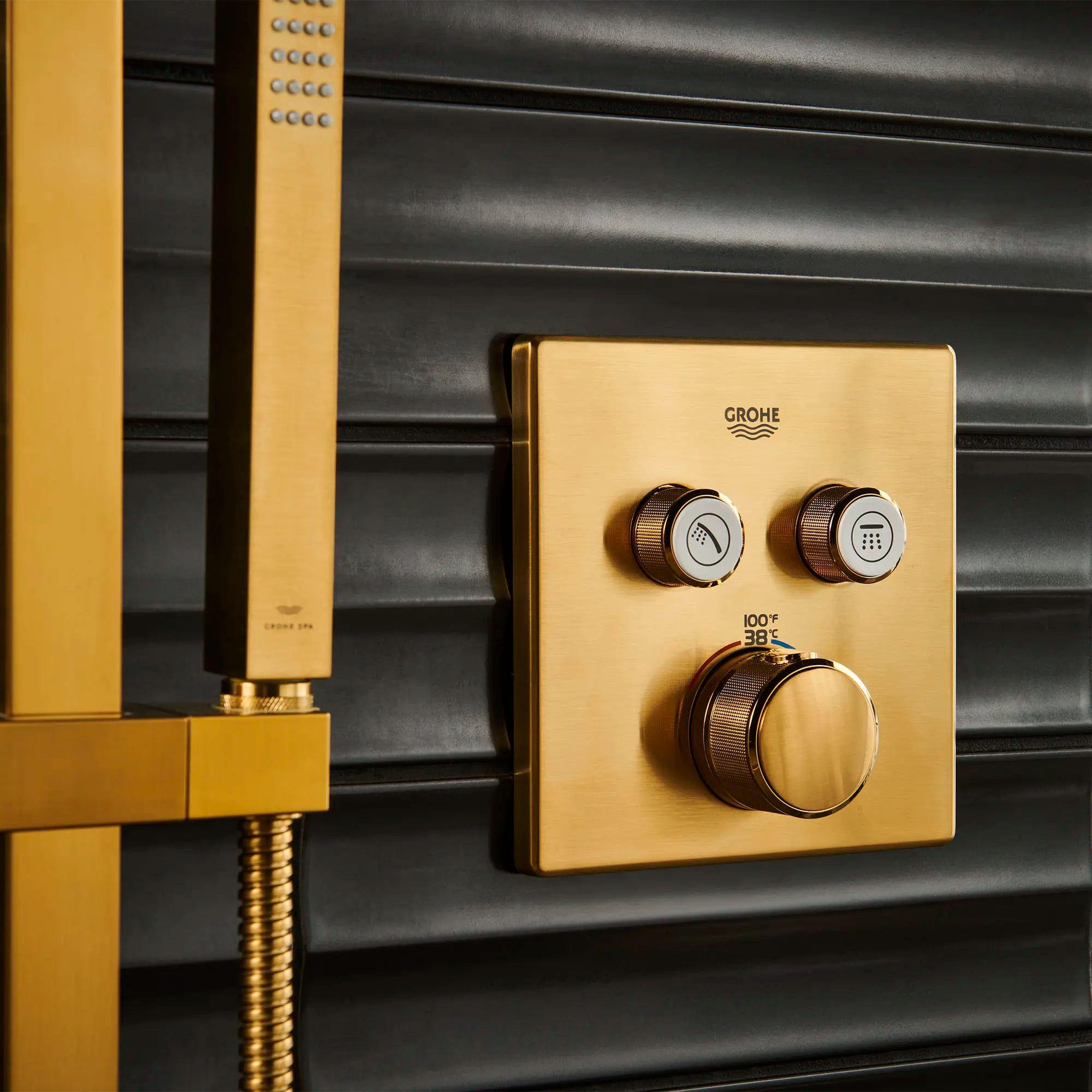 Dual Function Thermostatic Valve Trim // BRUSHED COOL SUNRISE // 165868_Grohtherm_EnvironmentCloseUp_29141GN0_0001_Aug2023_0_CDNwebp.webp