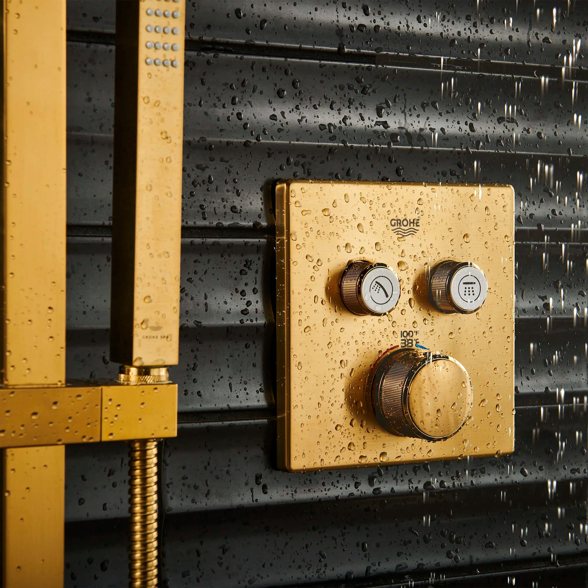 Dual Function Thermostatic Valve Trim // BRUSHED COOL SUNRISE // 165870_Grohtherm_EnvironmentCloseUp_29141GN0_0002_Aug2023_0_CDNwebp_92dc8acc-8275-44d0-b931-836e3965ee18.webp