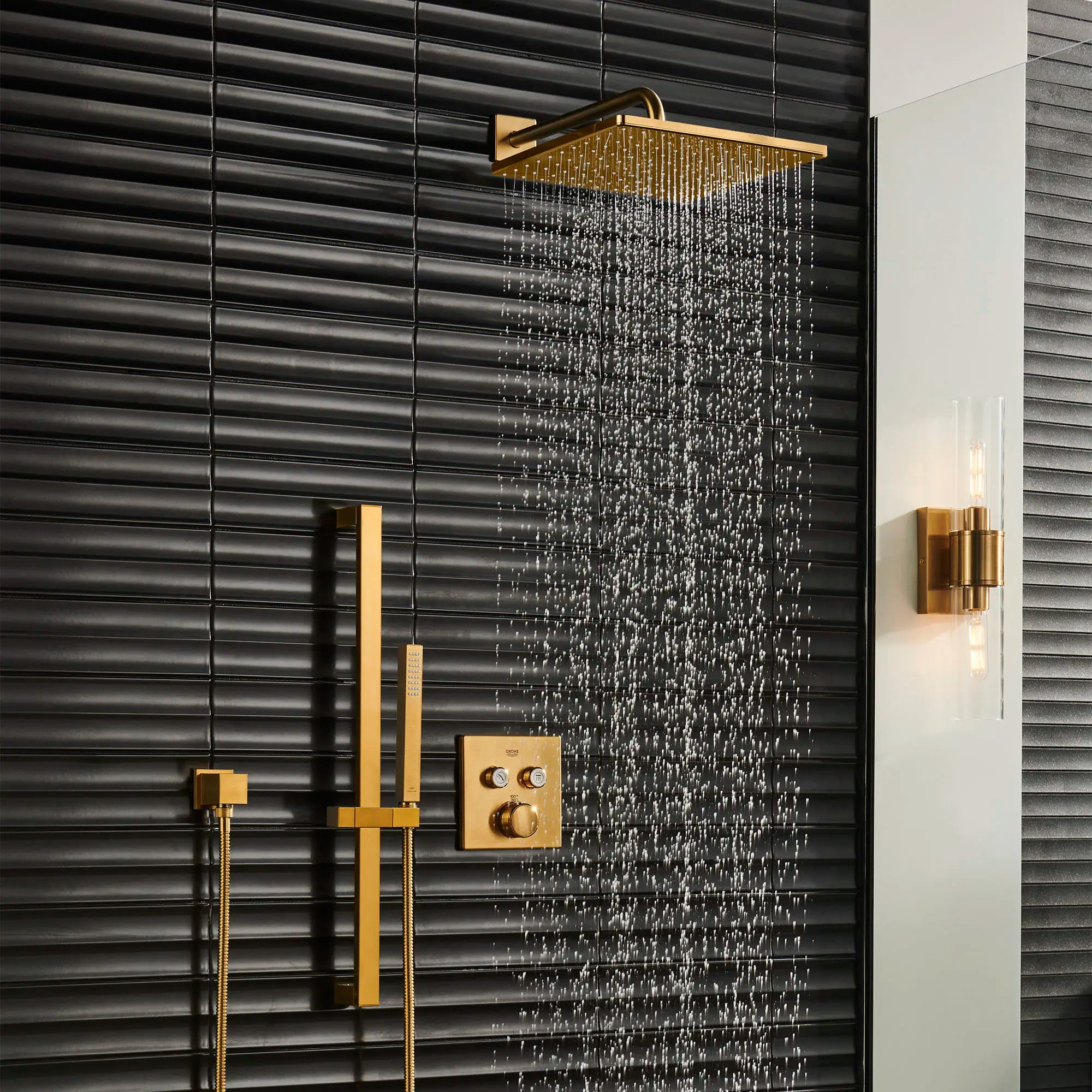 Dual Function Thermostatic Valve Trim // BRUSHED COOL SUNRISE // 165878_Rainshower_EnvironmentCloseUp_26570GN0_29141GN0_26867GN0_27892GN0_0004_Aug2023_0_CDNwebp_160ed694-bf75-43cb-ba17-4f4e45f618b9.webp