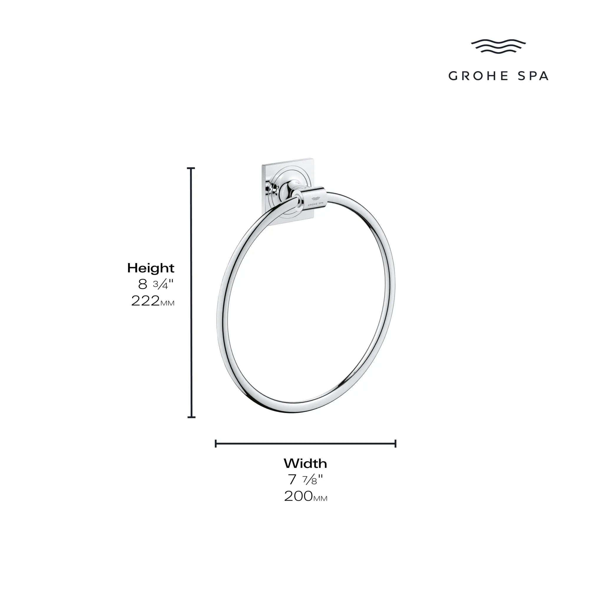 Allure 8" Towel Ring // GROHE STARLIGHT CHROME // 165887_Allure_Infographic_40339_0001_AUG2023_2_CDNwebp.webp