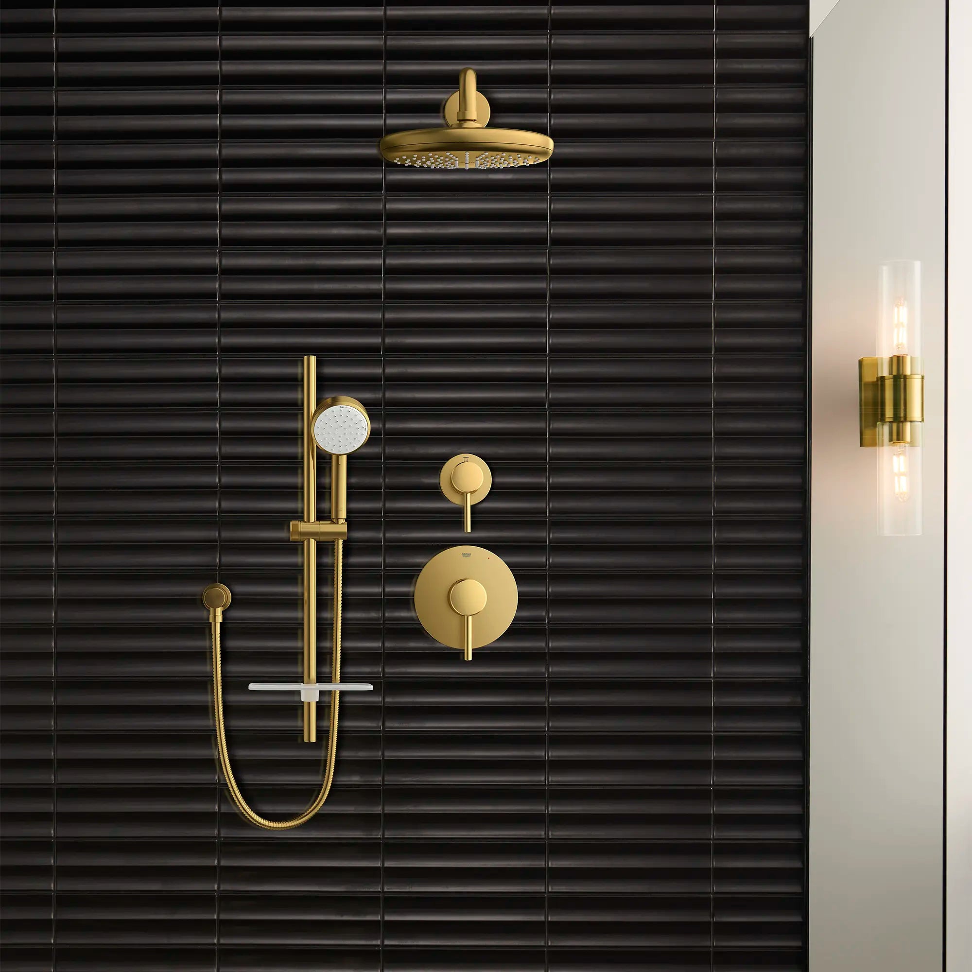 Rainshower 15" Round Shower Arm // BRUSHED COOL SUNRISE // 186494_Tempesta_EnvironmentCloseUp_26602GN0_26046GN0_26409GN0_28540GN0_29108GN0_0001_Sept2023_0_CDNwebp.webp