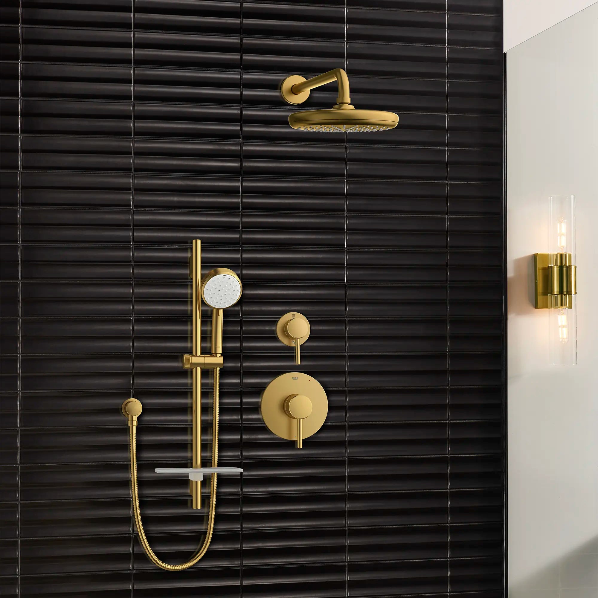 Rainshower 15" Round Shower Arm // BRUSHED COOL SUNRISE // 186496_Tempesta_EnvironmentCloseUp_26602GN0_26046GN0_26409GN0_28540GN0_29108GN0_0002_Sept2023_0_CDNwebp.webp