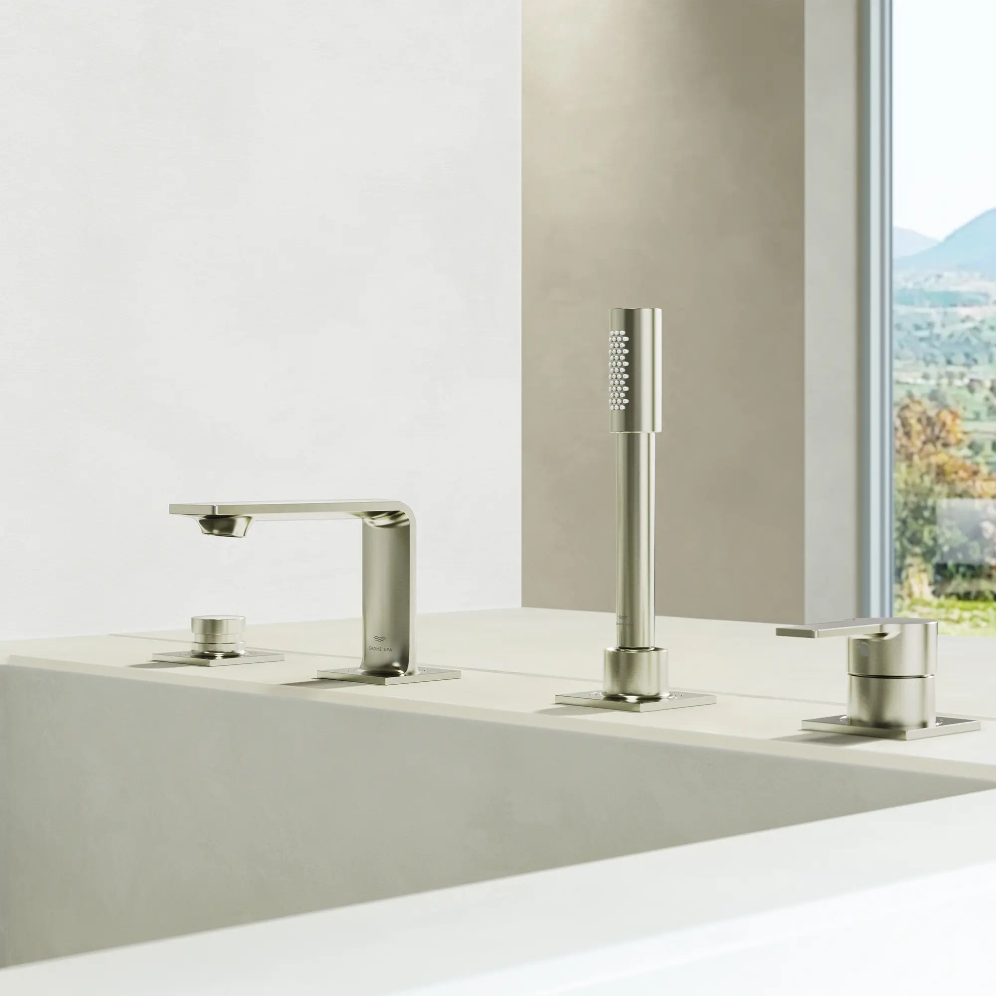 Allure 4-Hole Single-Handle Deck Mount Roman Tub Faucet with 1.75 GPM (6.6 L/min) Hand Shower // BRUSHED NICKEL INFINITYFINISH // 186596_Allure_EnvironmentCloseUp_19316EN1_0001_Oct2023_0_CDNwebp.webp