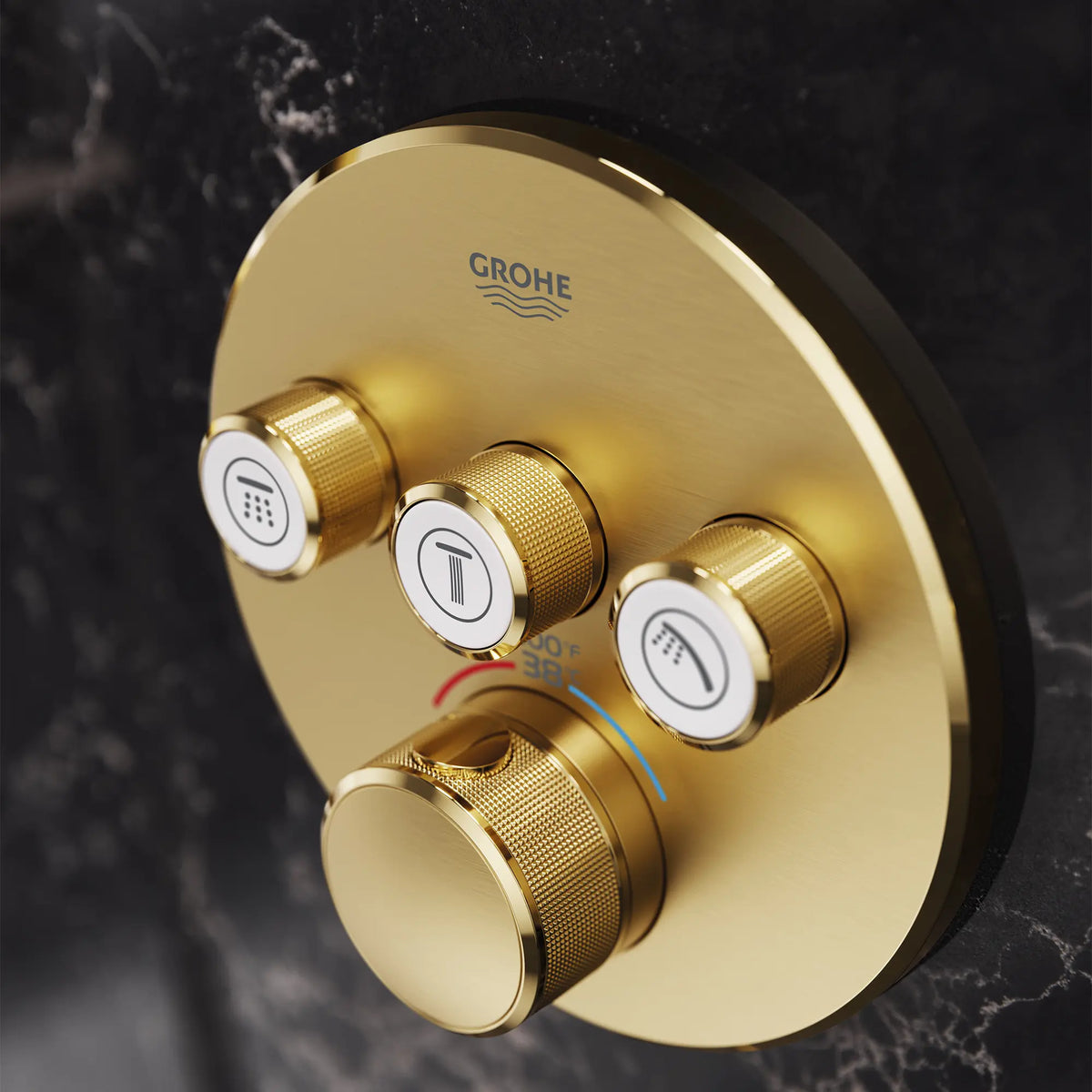 Triple Function Thermostatic Valve Trim // BRUSHED COOL SUNRISE // 186620_Atrio_EnvironmentCloseUp_29138GN0_0001_Oct2023_0_CDNwebp_19012206-5b2d-4b3d-8476-e2097741c8c4.webp