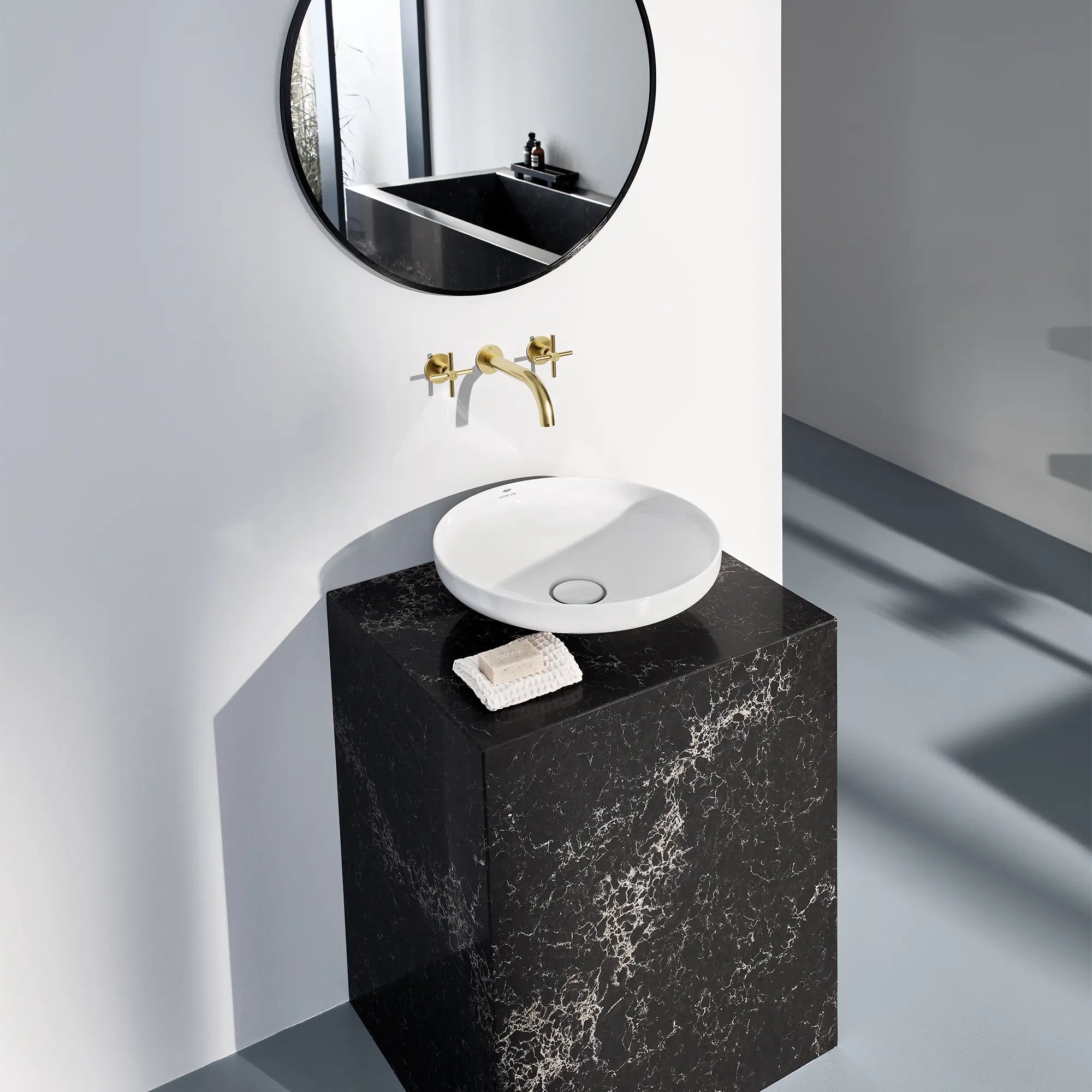 Atrio Cross Handles for Bathroom Sink Faucet (Pair) // BRUSHED COOL SUNRISE // 186623_Atrio_EnvironmentCloseUp_20663GN0_14215GN0_0001_Oct2023_0_CDNwebp.webp