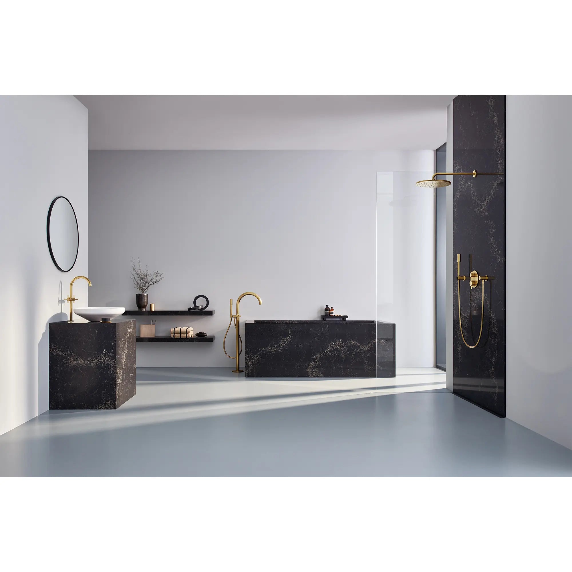 310 Mono Shower Head, 12" - 1 Spray, 1.75 GPM (6.6 L/min) // BRUSHED COOL SUNRISE // 186625_Atrio_EnvironmentFull_26569GN0_0001_Oct2023_0_CDNwebp.webp