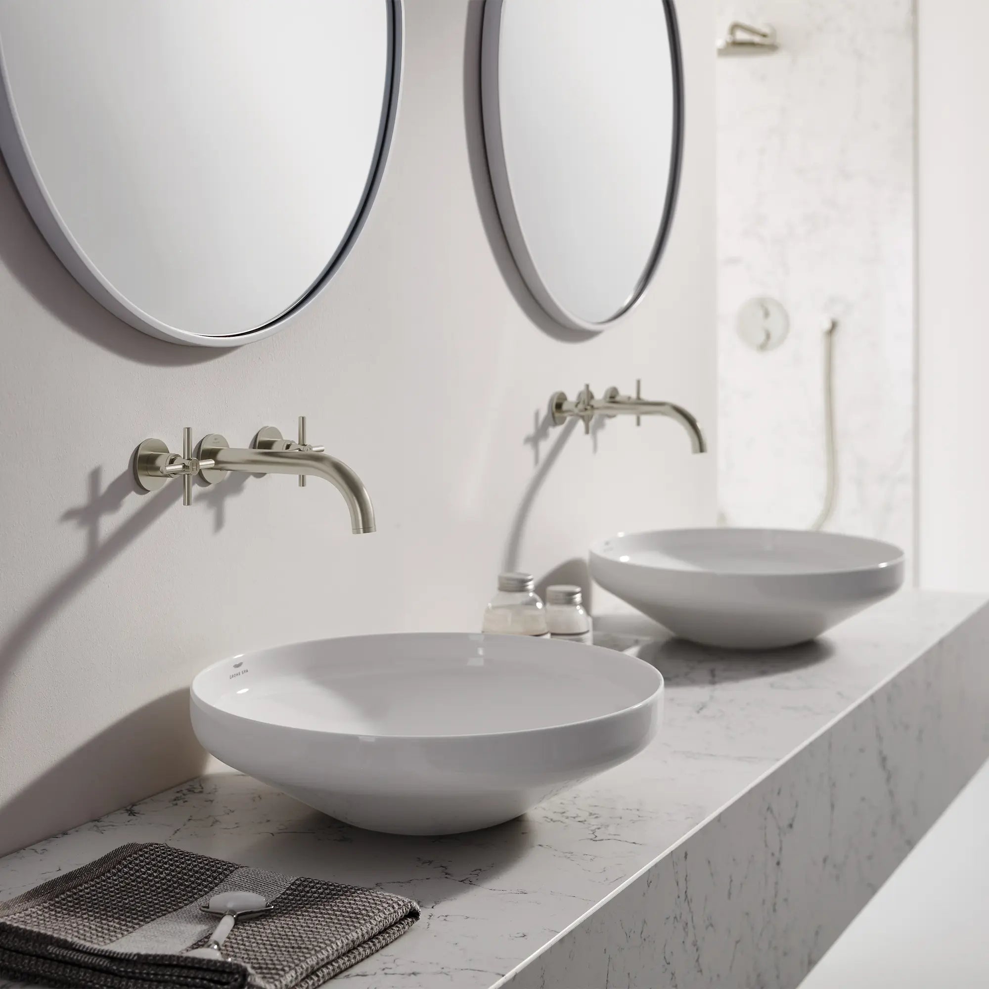 Atrio Cross Handles for Bathroom Sink Faucet (Pair) // BRUSHED NICKEL INFINITYFINISH // 186628_Atrio_EnvironmentCloseUp_20663EN0_14215EN0_0001_Oct2023_0_CDNwebp.webp