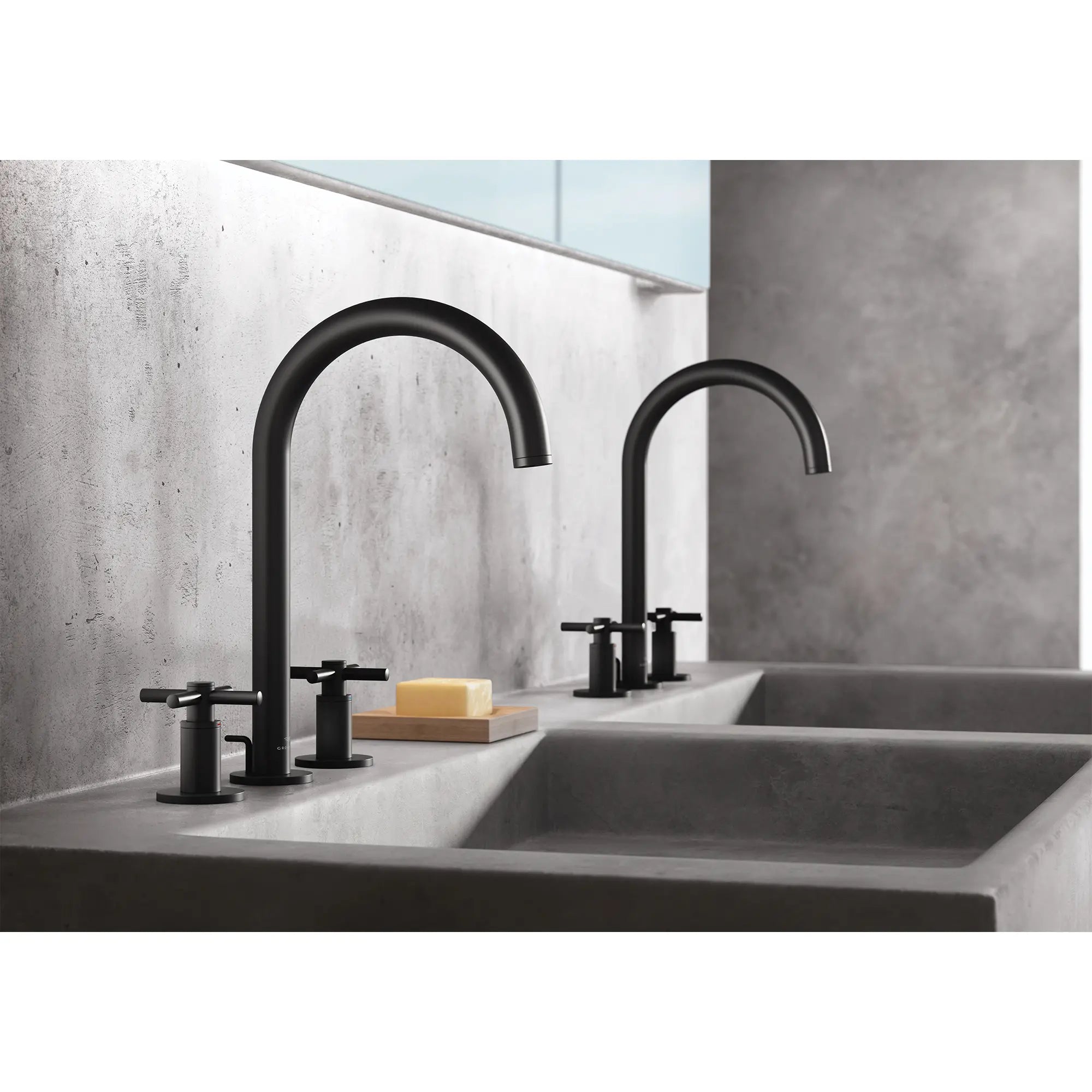 Atrio 8-inch Widespread 2-Handle M-Size Bathroom Faucet without Handles, 1.2 GPM (4.5 L/min) // MATTE BLACK // 186630_Atrio_EnvironmentCloseUp_206592430_0001_Oct2023_0_CDNwebp.webp