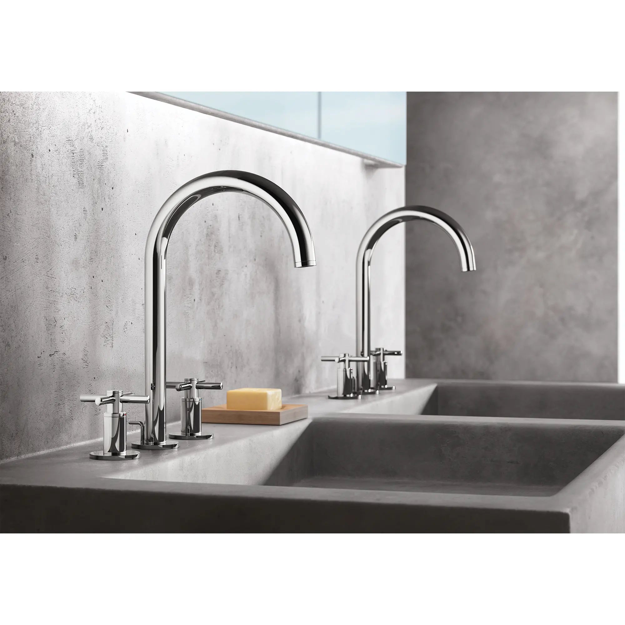 Atrio 8-inch Widespread 2-Handle M-Size Bathroom Faucet without Handles, 1.2 GPM (4.5 L/min) // GROHE STARLIGHT CHROME // 186631_Atrio_EnvironmentCloseUp_20659000_0001_Oct2023_0_CDNwebp.webp