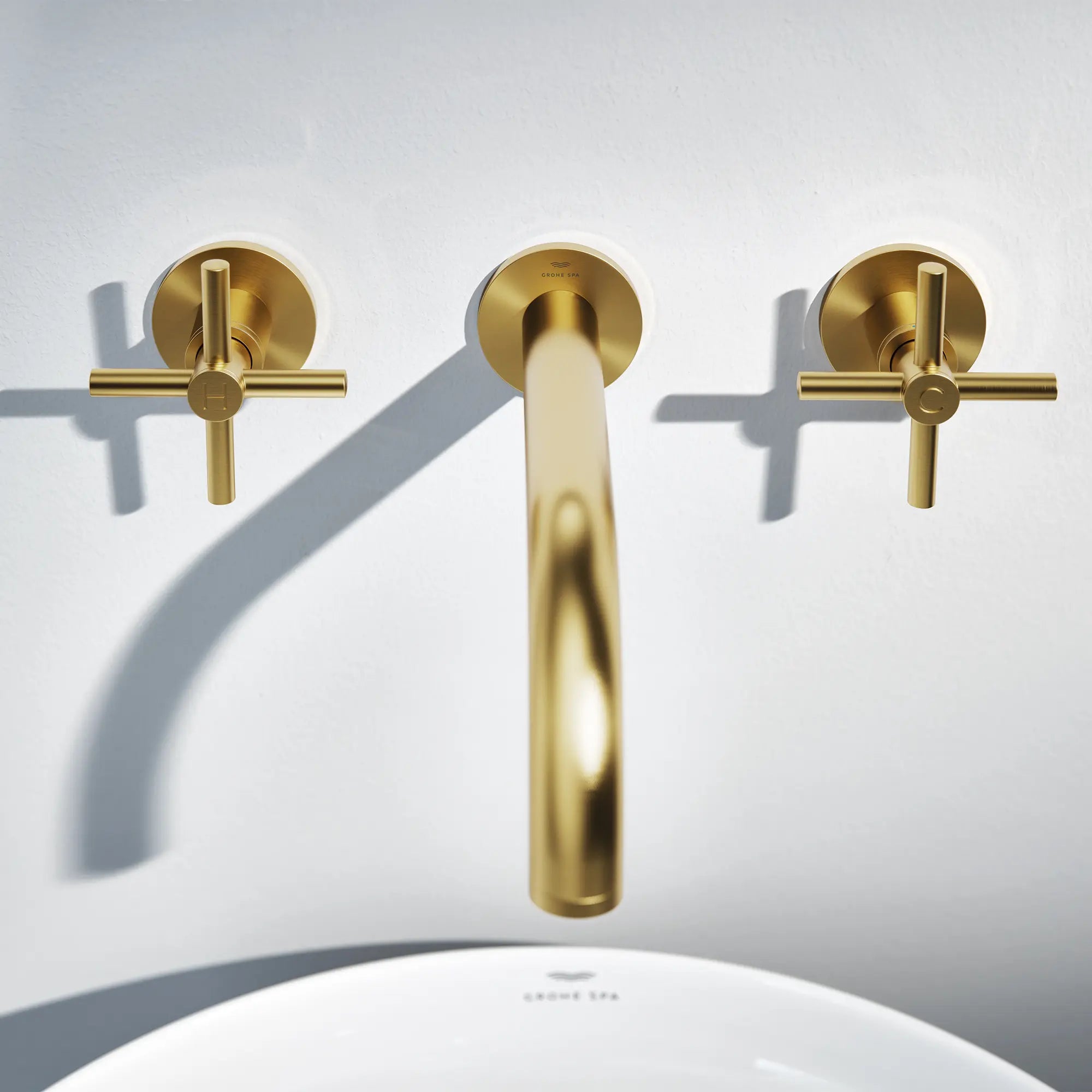 Atrio Cross Handles for Bathroom Sink Faucet (Pair) // BRUSHED COOL SUNRISE // 186634_Atrio_EnvironmentCloseUp_20663GN0_14215GN0_0003_Oct2023_0_CDNwebp.webp