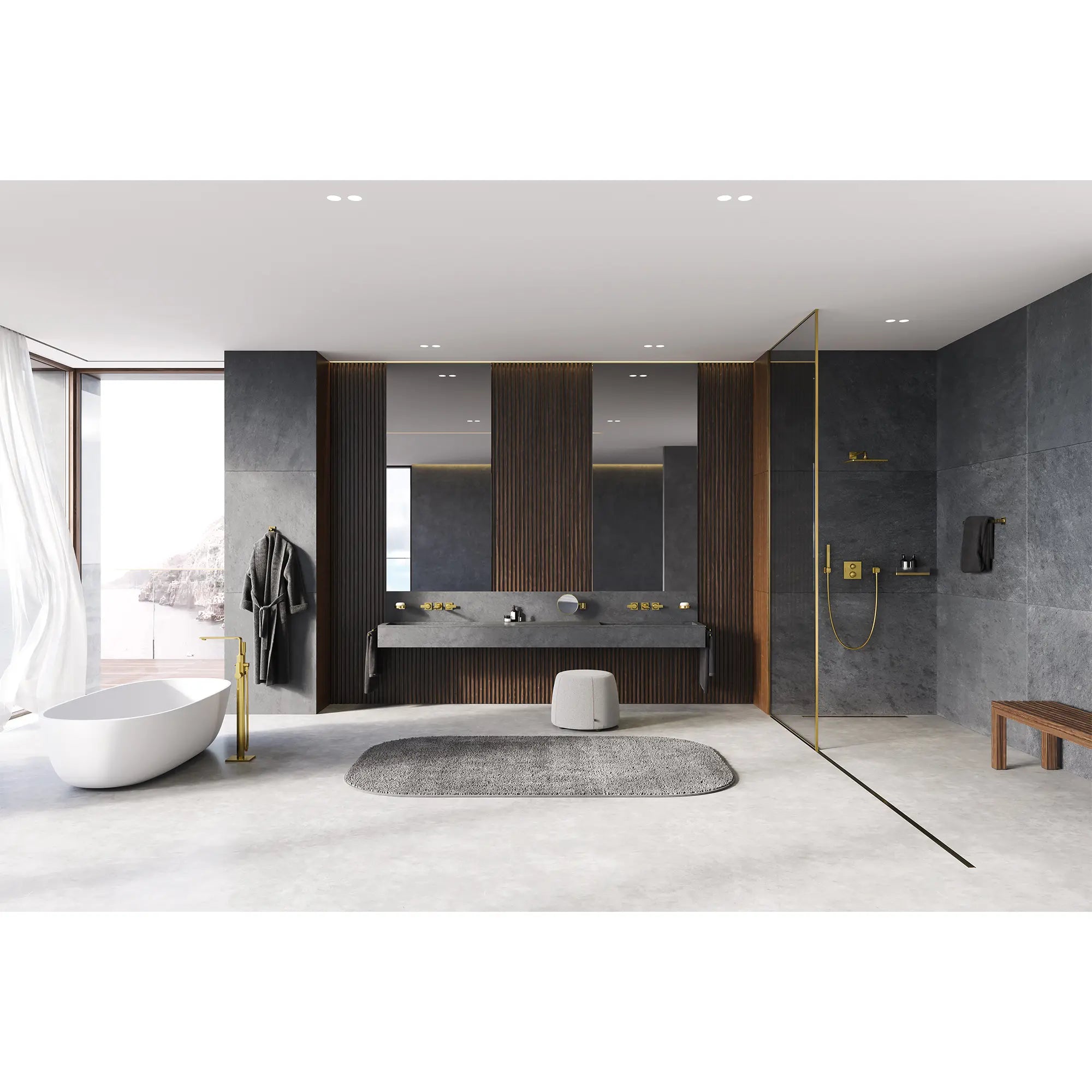 Allure Single-Handle Freestanding Tub Faucet with 1.75 GPM (6.6 L/min) Hand Shower // BRUSHED COOL SUNRISE // 233787_Allure_EnvironmentFull_25222GN1_20586GN1_26867GN0_29178GN1_26570GN0_0001_Nov2023_CDNwebp.webp