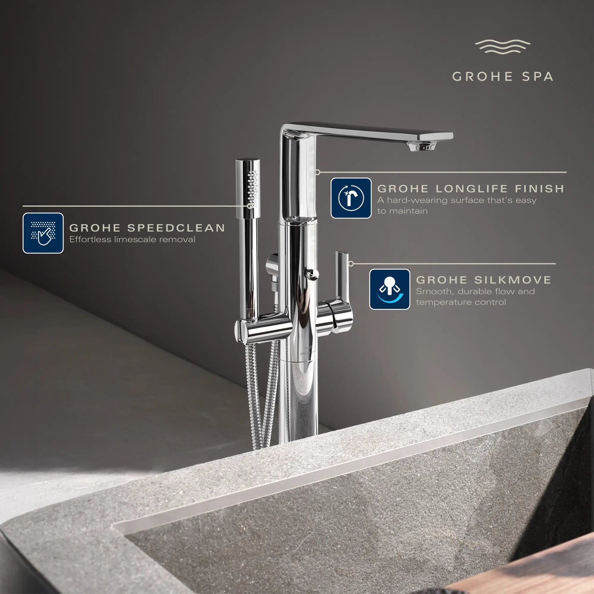 Single-Handle Freestanding Tub Faucet with 6.6 L/min (1.75 GPM) Hand Shower // GROHE STARLIGHT CHROME // 234125_Allure_Infographic_25222_0001_APR2026_1_CDNwebp.webp