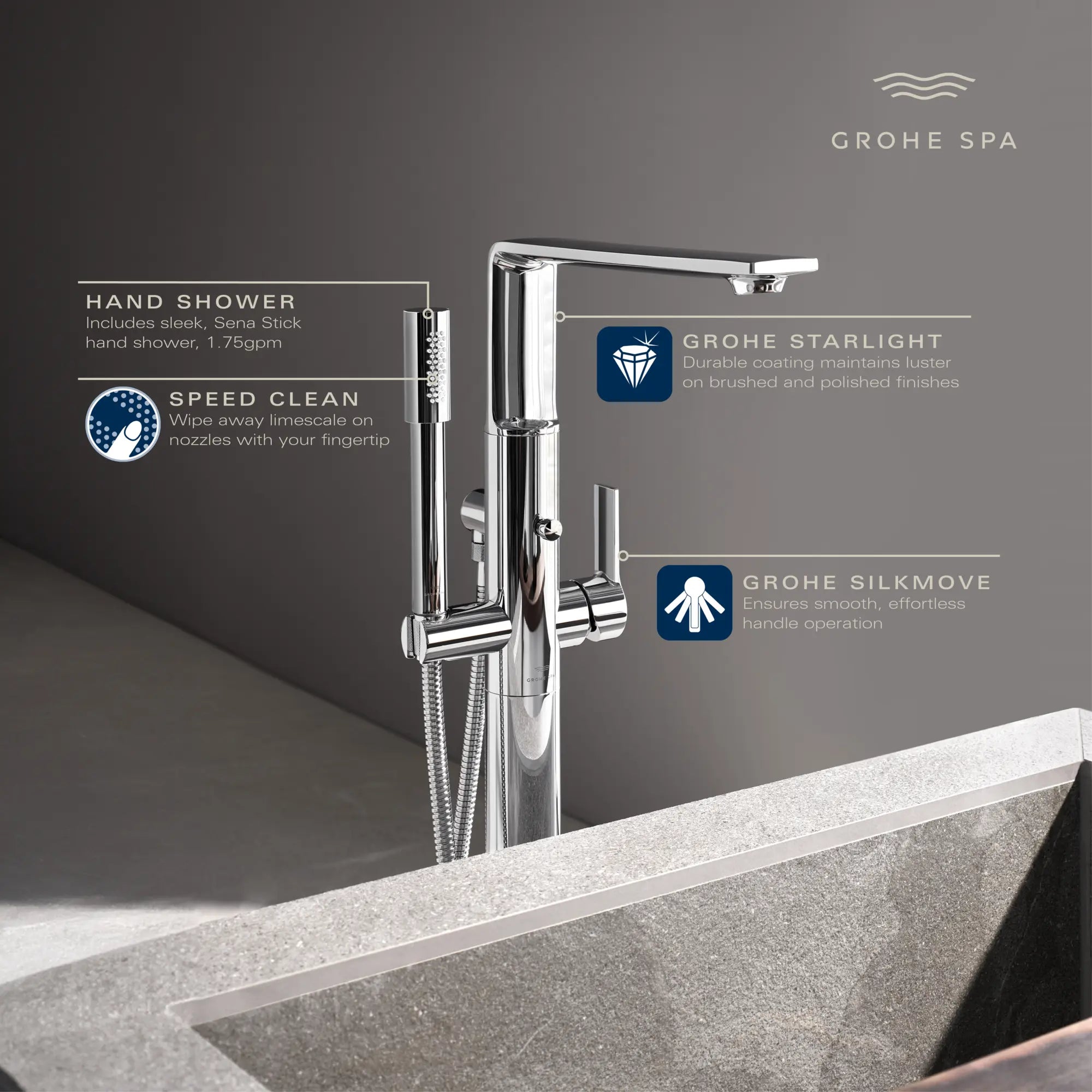 Allure Single-Handle Freestanding Tub Faucet with 1.75 GPM (6.6 L/min) Hand Shower // GROHE STARLIGHT CHROME // 234125_Allure_Infographic_25222_0001_DEC2023_CDNwebp.webp