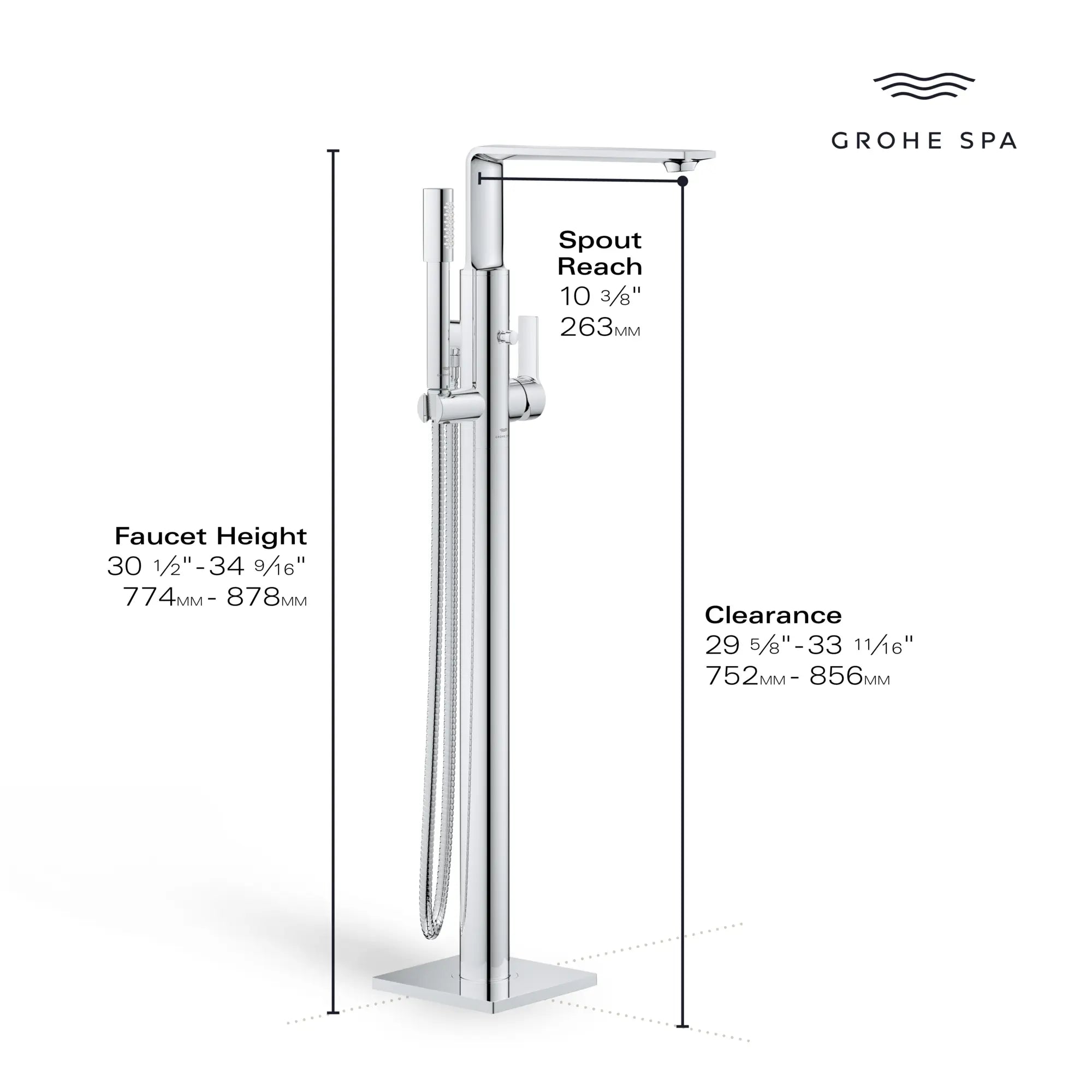 Allure Single-Handle Freestanding Tub Faucet with 1.75 GPM (6.6 L/min) Hand Shower // GROHE STARLIGHT CHROME // 234126_Allure_Infographic_25222_0002_DEC2023_CDNwebp.webp