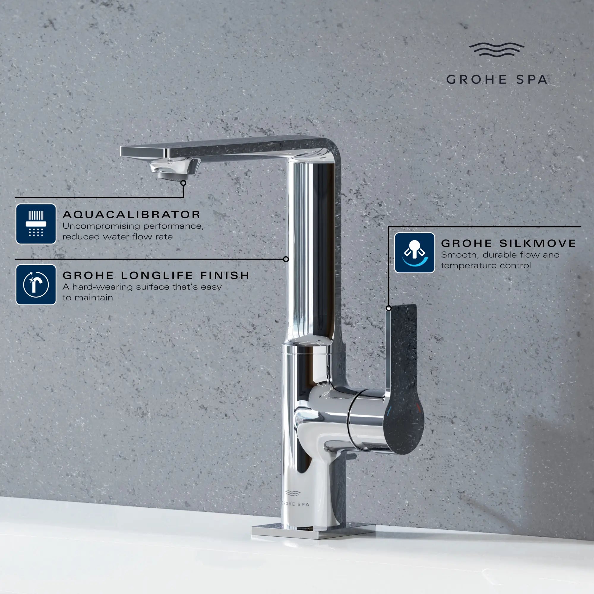Single-Hole Single-Handle L-Size Bathroom Faucet 4.8 L/min (1.2 GPM) // GROHE STARLIGHT CHROME // 234128_Allure_Infographic_23858_0001_APR2026_1_CDNwebp.webp