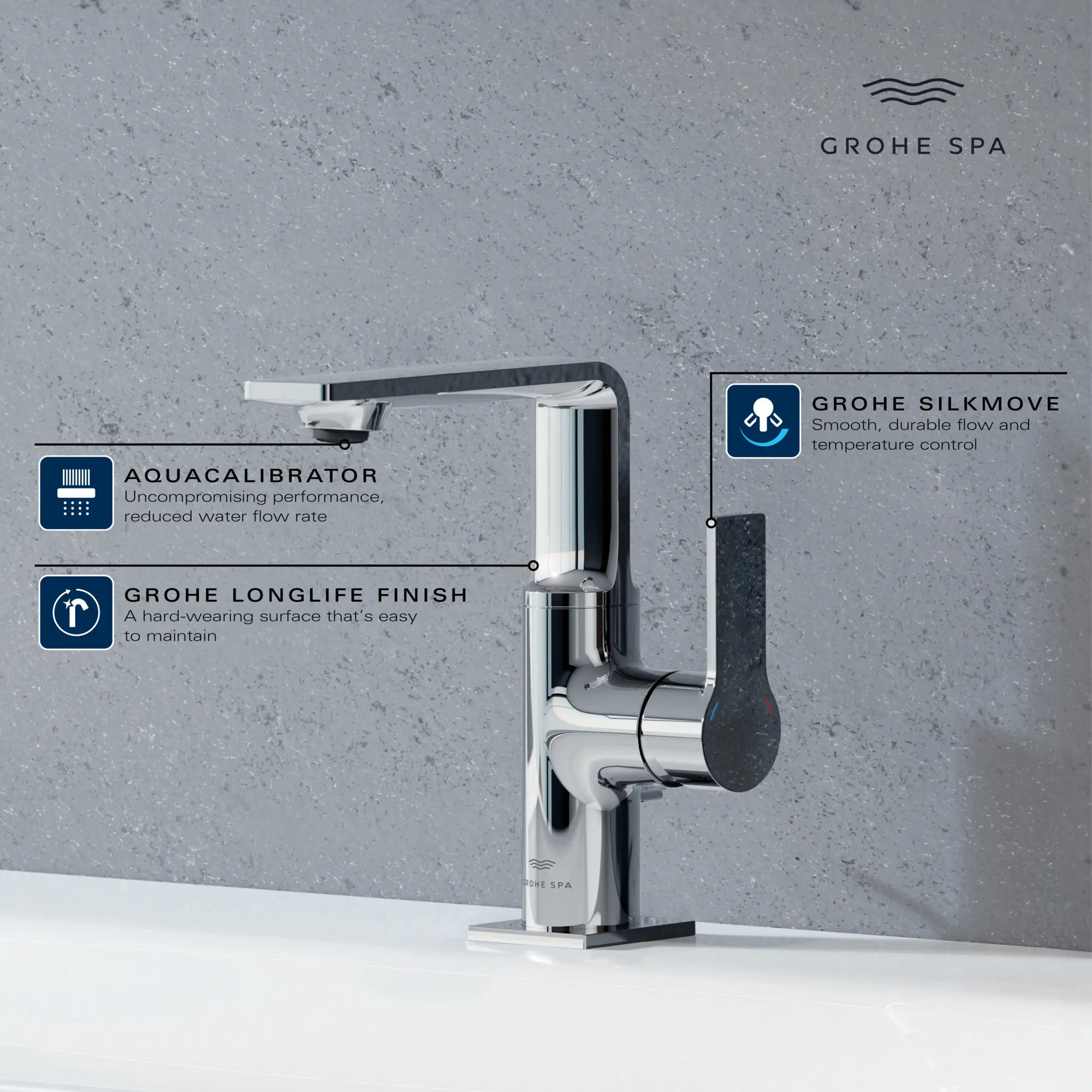 Single-Hole Single-Handle M-Size Bathroom Faucet 4.8 L/min (1.2 GPM) // GROHE STARLIGHT CHROME // 234130_Allure_Infographic_23857_0001_APR2026_1_CDNwebp.webp