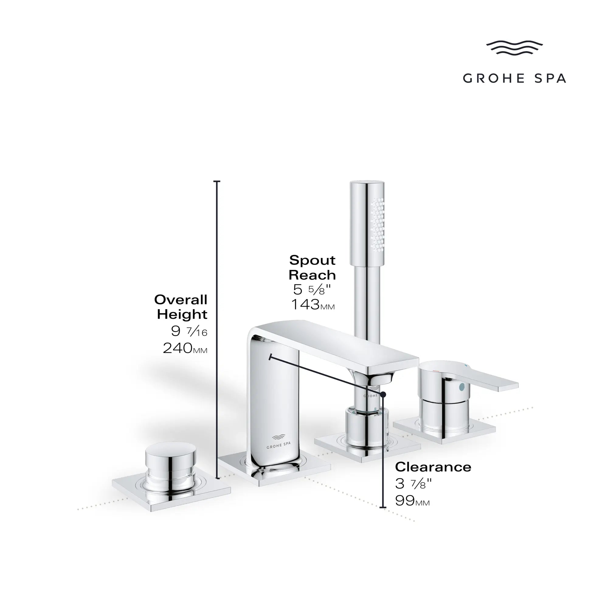 Allure 4-Hole Single-Handle Deck Mount Roman Tub Faucet with 1.75 GPM (6.6 L/min) Hand Shower // GROHE STARLIGHT CHROME // 234135_Allure_Infographic_19316_0002_DEC2023_CDNwebp.webp