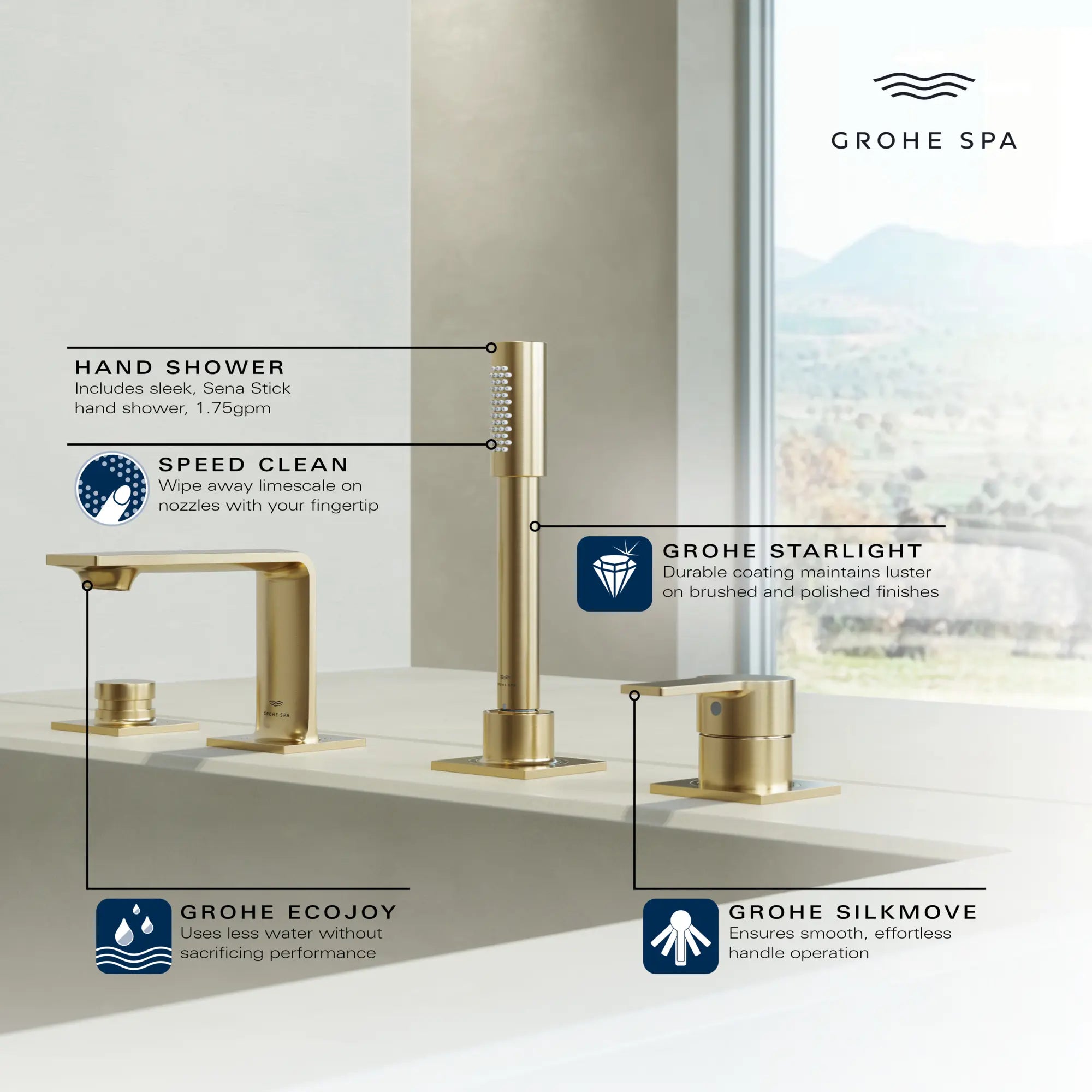 Allure 4-Hole Single-Handle Deck Mount Roman Tub Faucet with 1.75 GPM (6.6 L/min) Hand Shower // GROHE STARLIGHT CHROME // 234136_Allure_Infographic_19316_0001_DEC2023_CDNwebp.webp