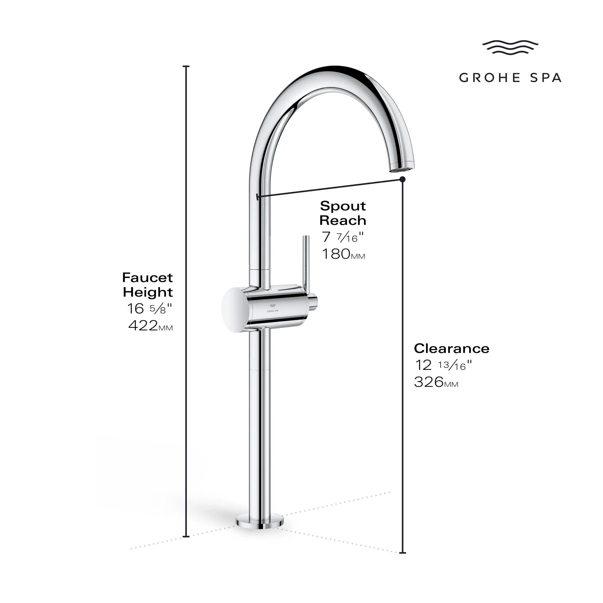 Single Hole Single-Handle Deck Mount Vessel Sink Faucet 4.6 L/min (1.2 GPM) // GROHE STARLIGHT CHROME // 236653_Atrio_Infographic_24352_0002_JAN2024_1_CDNwebp.webp
