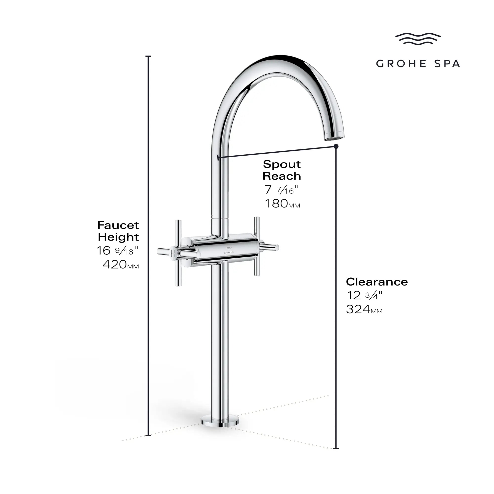 Atrio Single Hole Two-Handle Vessel Sink Faucet without Handles, 1.2 GPM (4.5 L/min) // GROHE STARLIGHT CHROME // 236659_Atrio_Infographic_21161_0002_JAN2024_1_CDNwebp.webp