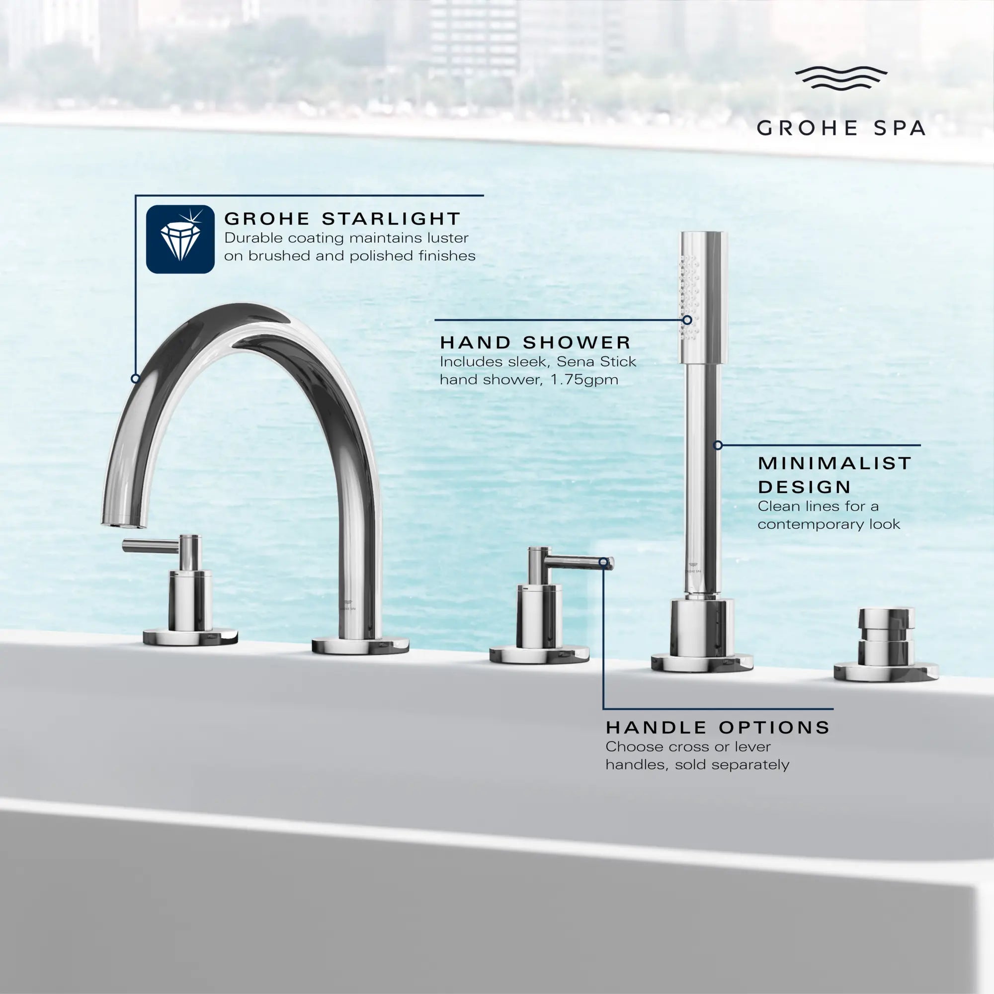 5-Hole 2-Handle Deck Mount Roman Tub Faucet with 6.6 L/min (1.75 GPM) Hand Shower // GROHE STARLIGHT CHROME // 236661_Atrio_Infographic_25274_0001_JAN2024_0_CDNwebp.webp