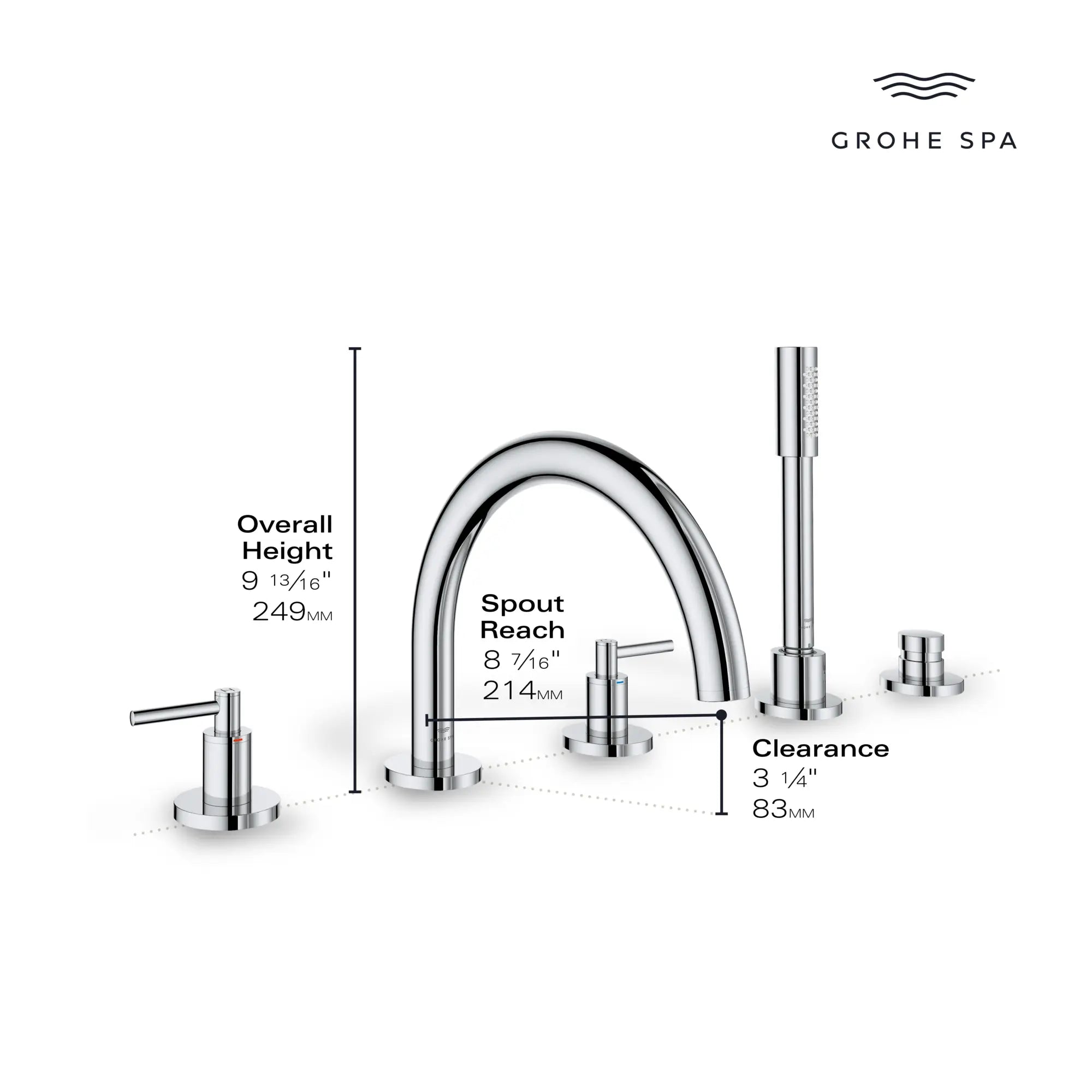 5-Hole 2-Handle Deck Mount Roman Tub Faucet with 6.6 L/min (1.75 GPM) Hand Shower // GROHE STARLIGHT CHROME // 236662_Atrio_Infographic_25274_0002_MAY2026_1_CDNwebp.webp