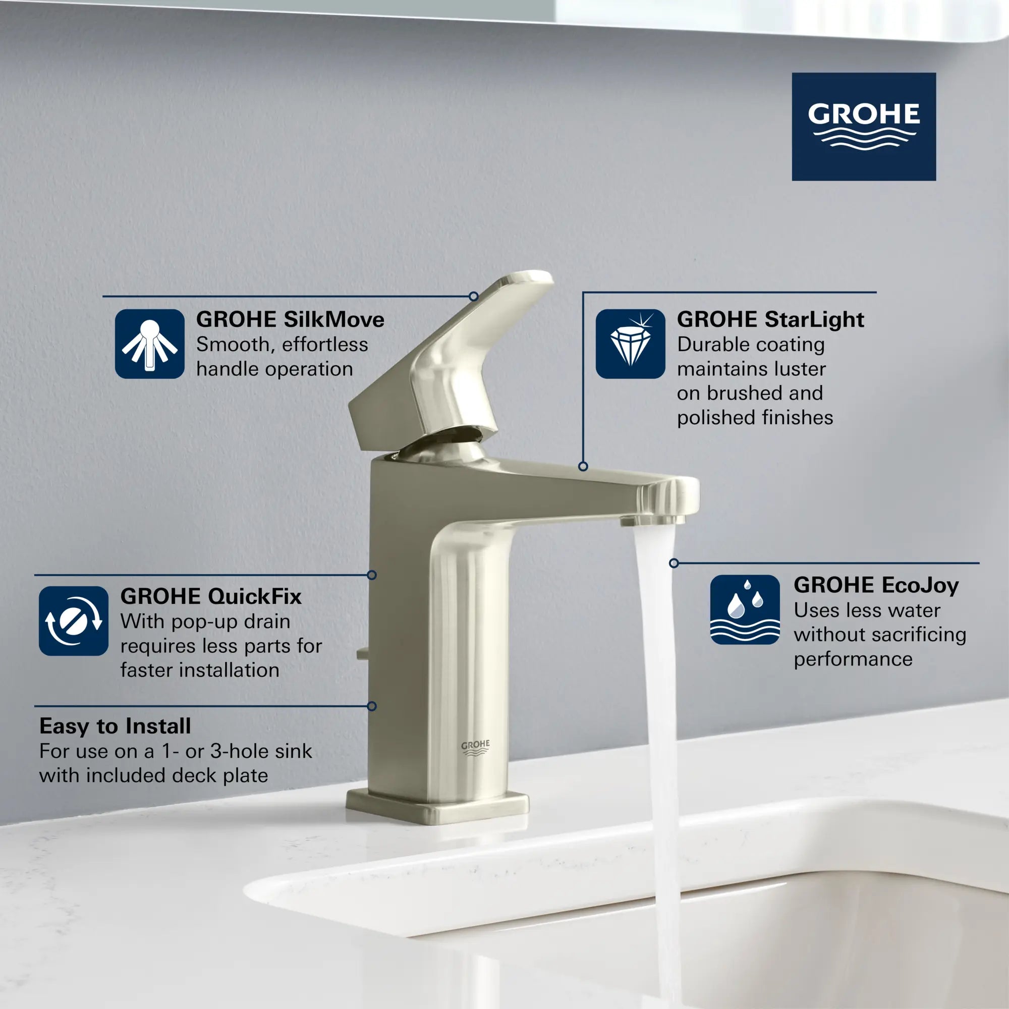 Tallinn Single Hole Single-Handle Bathroom Faucet, 1.2 GPM (4.5 L/min) // GROHE STARLIGHT CHROME // 236706_Tallinn_Infographic_23838_0001_JAN2024_CDNwebp.webp