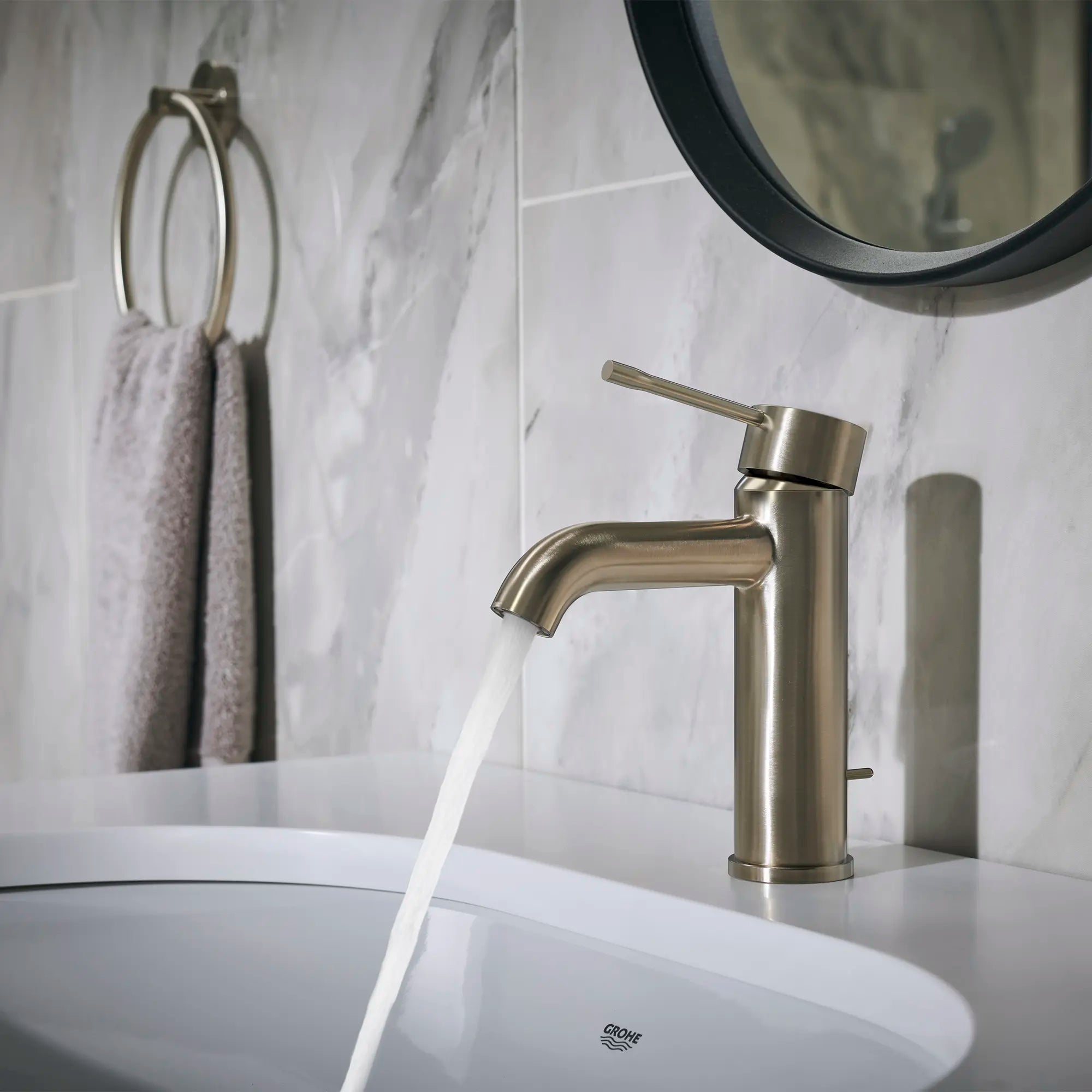 Single Hole Single-Handle S-Size Bathroom Faucet, 1.2 GPM (4.5 L/min) // BRUSHED NICKEL INFINITYFINISH // 236994_Essence_EnvironmentCloseup_23592ENA_0001_Nov2023_CDNwebp.webp