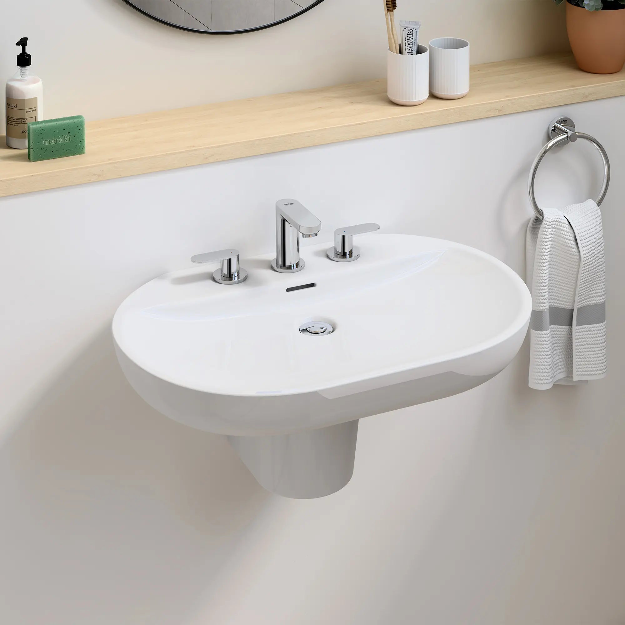 8-inch Widespread 2-Handle S-Size Bathroom Faucet, 1.2 GPM (4.5 L/min) // GROHE STARLIGHT CHROME // 236999_Eurosmart_EnvironmentCloseup_2019900A_0002_Nov2023_CDNwebp.webp