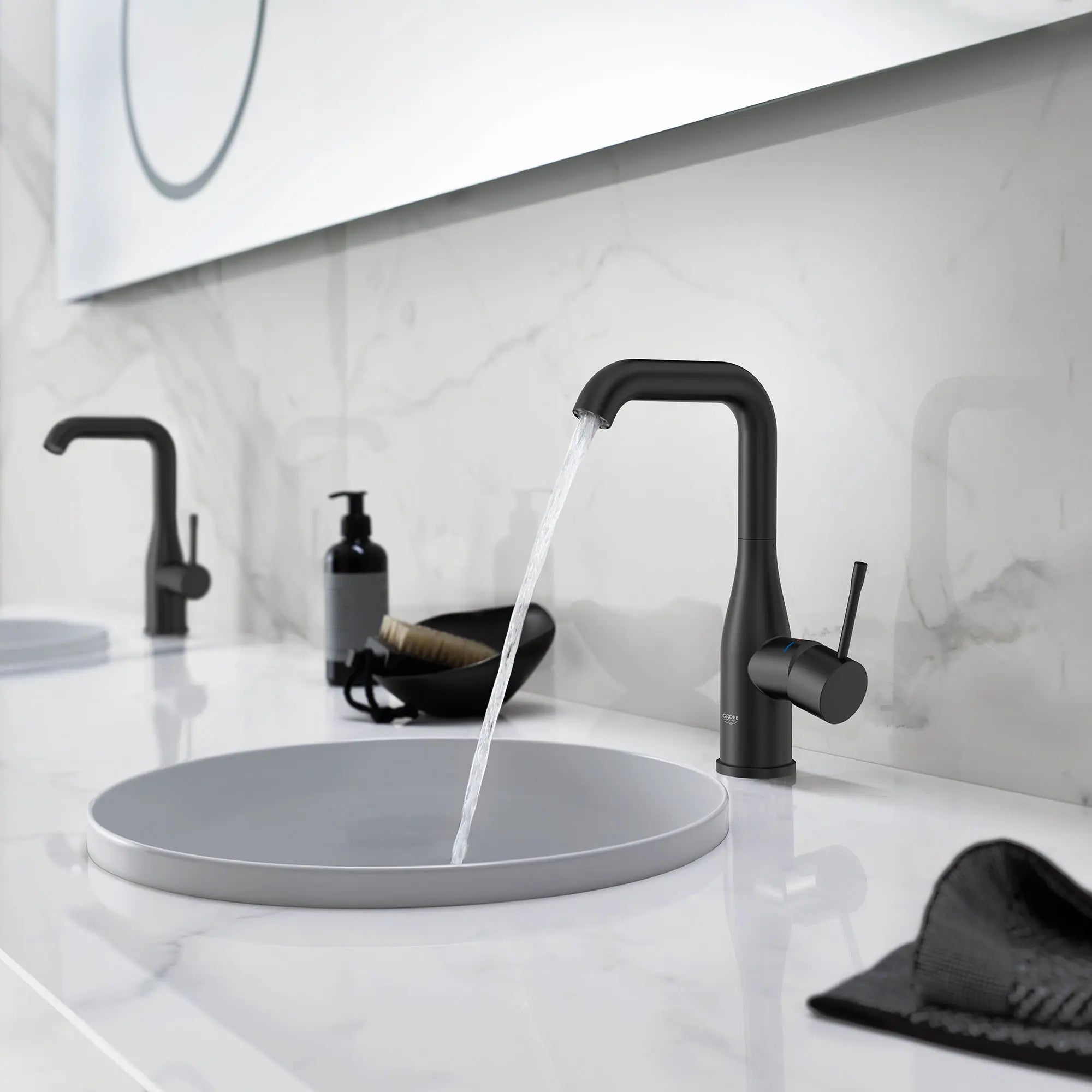 Single Hole Single-Handle L-Size Bathroom Faucet, 1.2 GPM (4.5 L/min) // MATTE BLACK // 237022_Essence_EnvironmentCloseup_234862431_0001_Dec2023_CDNwebp.webp