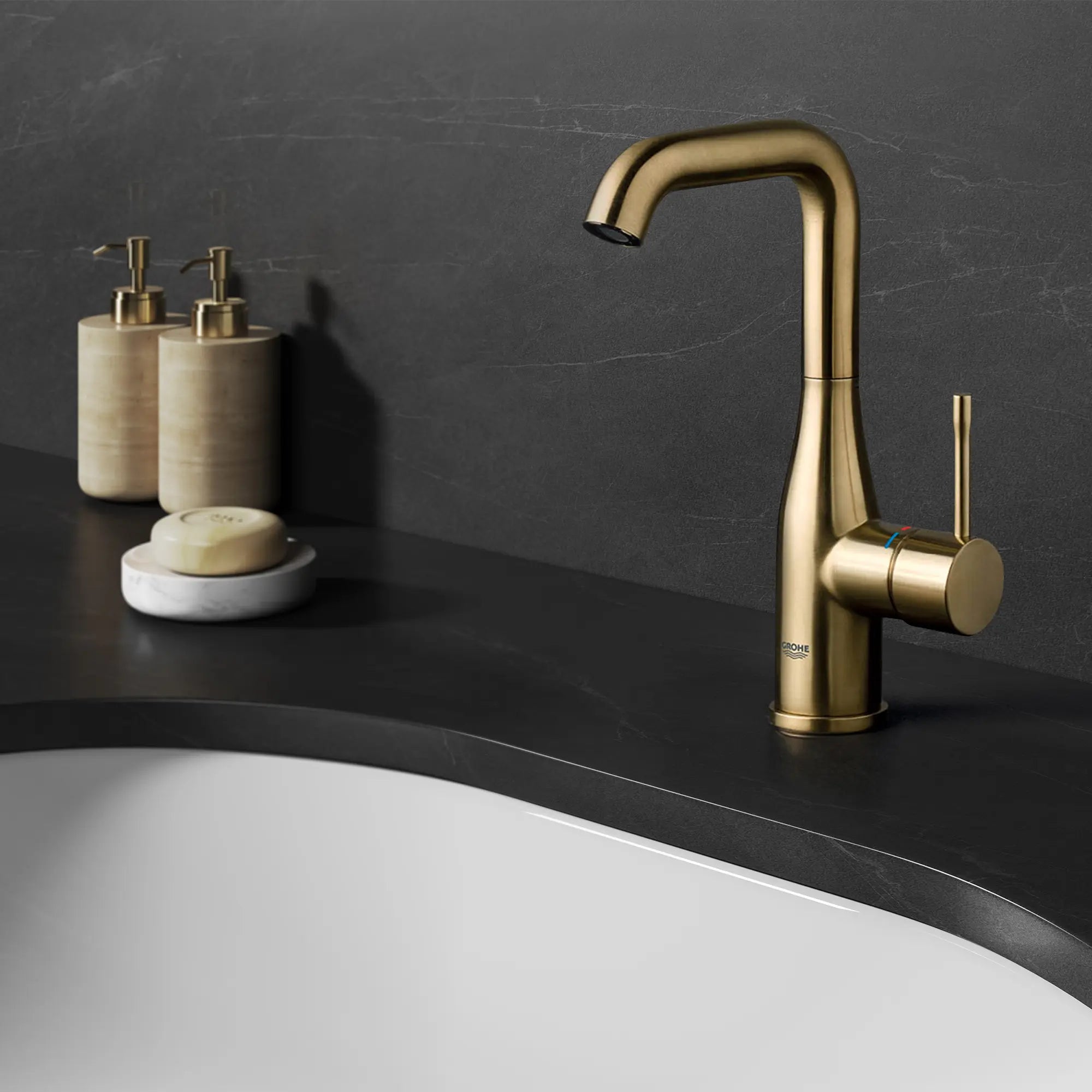 Single Hole Single-Handle L-Size Bathroom Faucet, 1.2 GPM (4.5 L/min) // BRUSHED COOL SUNRISE // 237803_Essence_EnvironmentCloseUp_23486GNA_0001_Feb2024_CDNwebp.webp
