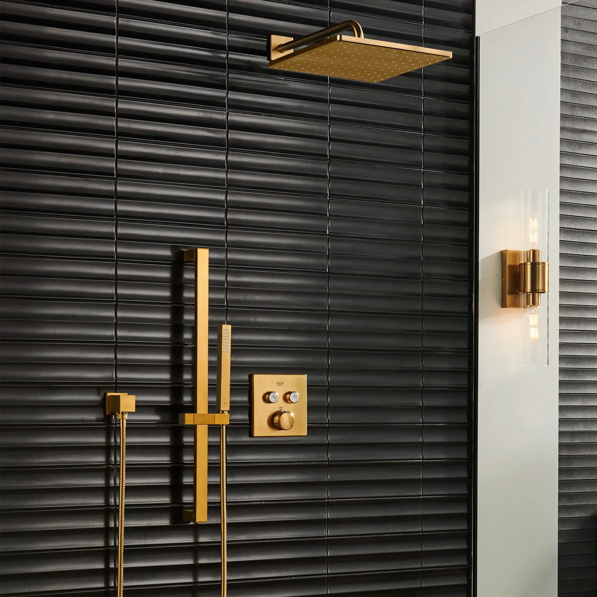 Dual Function Thermostatic Valve Trim // BRUSHED COOL SUNRISE // 238199_Rainshower_EnvironmentCloseUp_26570GN0_29141GN0_26867GN0_27892GN0_0001_Aug2023_CDNwebp.webp