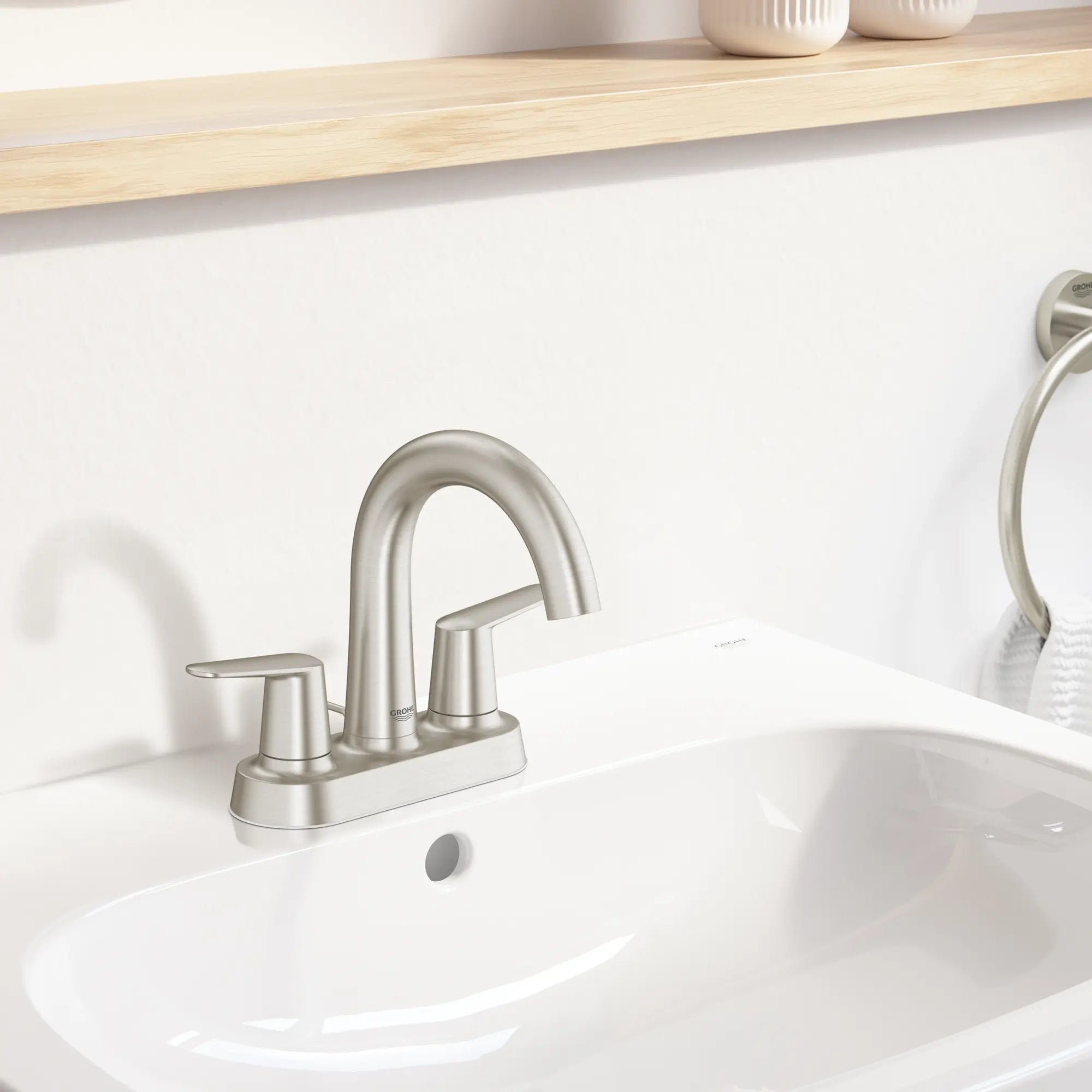 Veletto 2-handle 4" Centerset Bathroom Faucet, 1.2 GPM (4.5 L/min) // BRUSHED NICKEL INFINITYFINISH // 239939_Veletto_EnvironmentCloseup_20582EN0_0001_MARCH2024_CDNwebp.webp