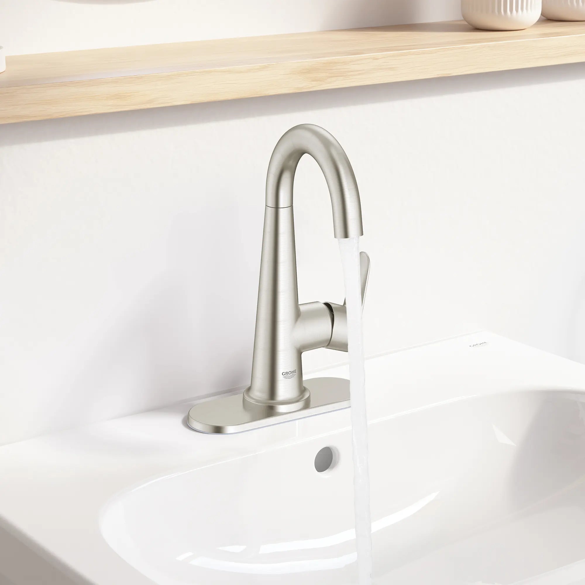 Veletto Single-Handle 4" Centerset Bathroom Faucet, 1.2 GPM (4.5 L/min) // BRUSHED NICKEL INFINITYFINISH // 240584_Veletto_EnvironmentCloseup_23837.EN0_0002_April2024_CDNwebp.webp