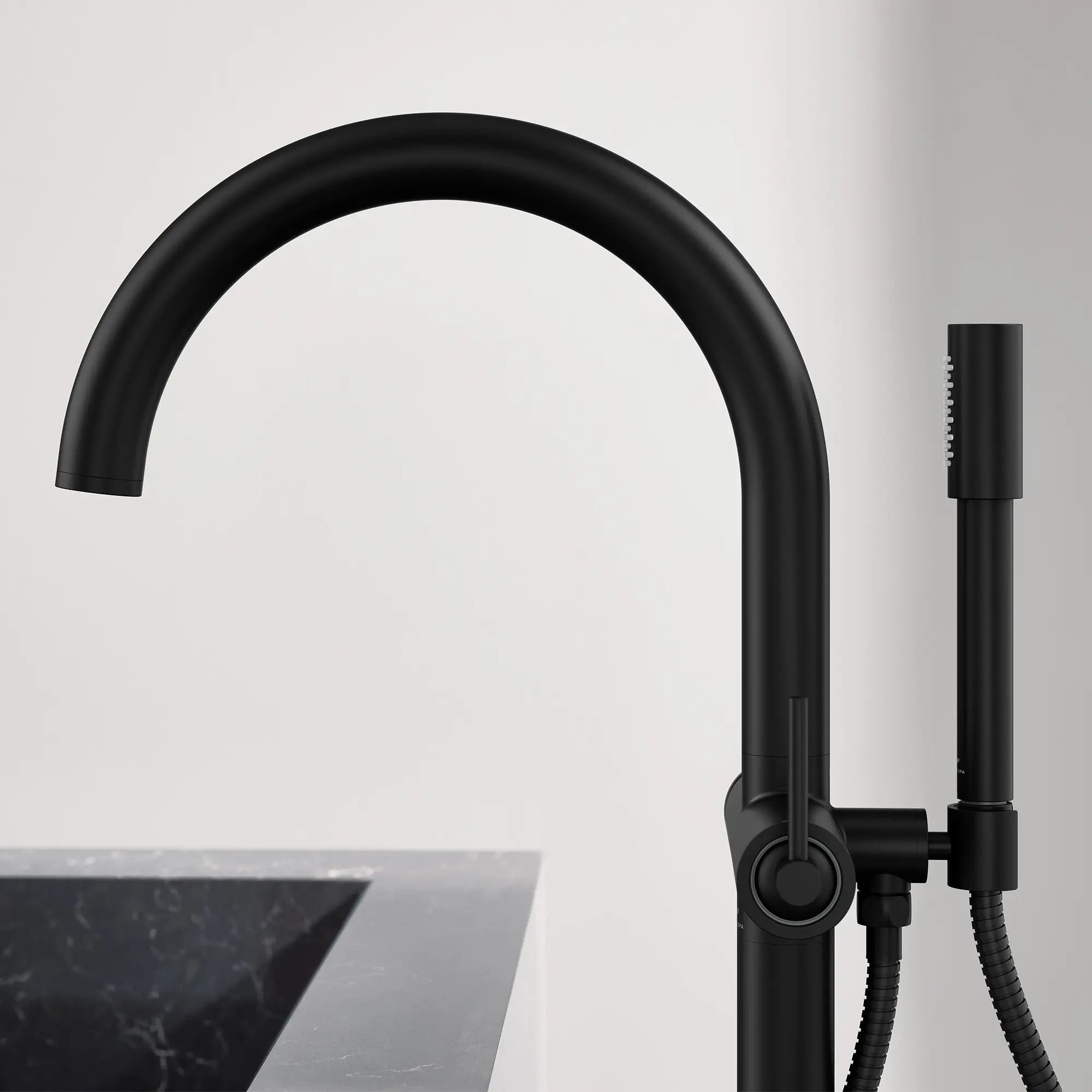 Atrio Single-Handle Freestanding Tub Faucet with 1.75 GPM (6.6 L/min) Hand Shower // MATTE BLACK // 244563_AtrioSPA_EnvironmentCloseUp_243682430_0001_APR2024_CDNwebp.webp