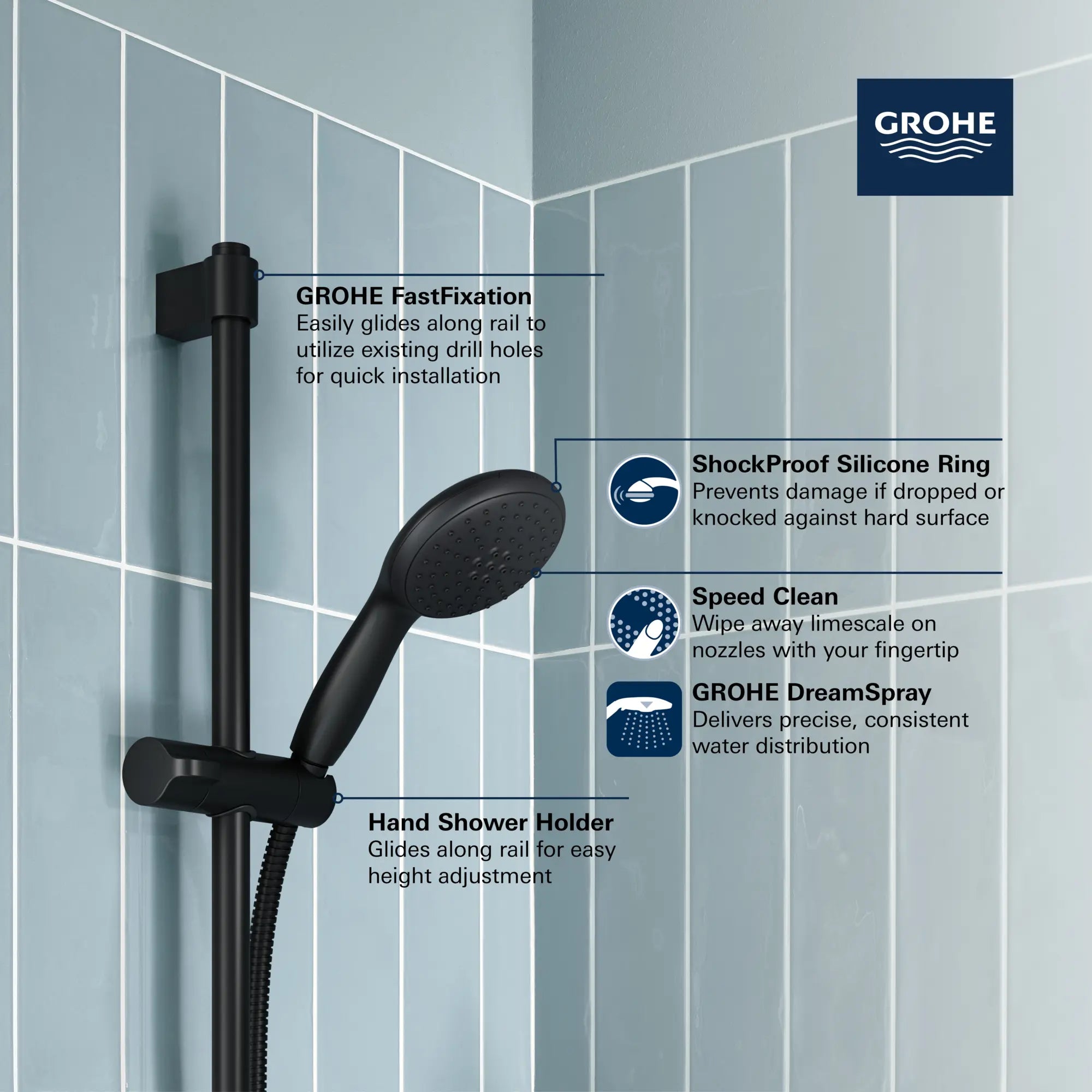 Tempesta Round 110 24" Shower Rail Set, 2-Spray, 1.5 GPM (5.7 L/min) // GROHE STARLIGHT CHROME // 247193_Tempesta_Infographic_26077_0001_JUN2024_CDNwebp.webp