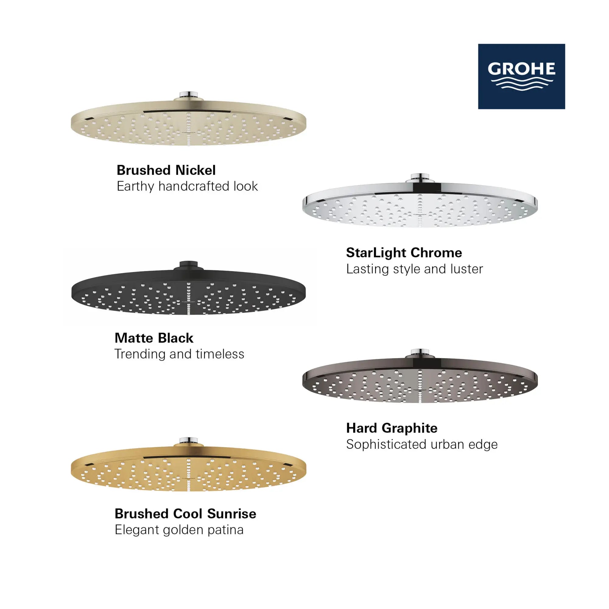 310 Mono Shower Head, 12" - 1 Spray, 1.75 GPM (6.6 L/min) // GROHE STARLIGHT CHROME // 2488_GROHE_Matte_Black_Launch_FINISH_26569_0_Rainshower_Mono_310_Shower_Head_Info_1_0_CDNwebp.webp