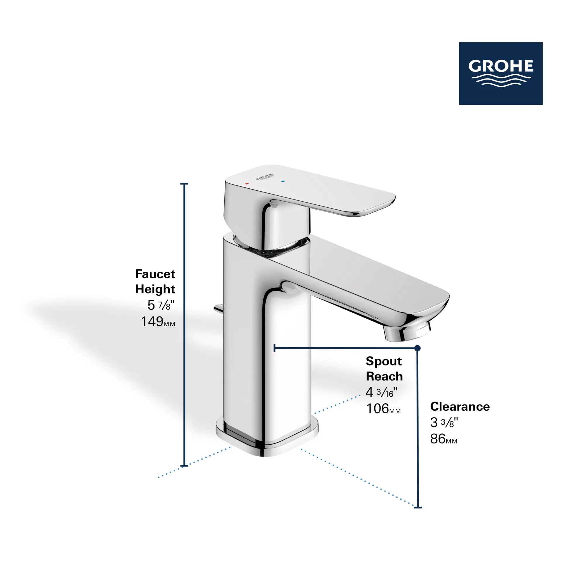 Cubeo Single Hole Single Handle S-Size Bathroom Faucet, Cold Start, 1.2 gpm (4.5L/min) // GROHE STARLIGHT CHROME // 251865_CUBEO_Infographic_105349_0001_DEC2024_2_CDNwebp.webp