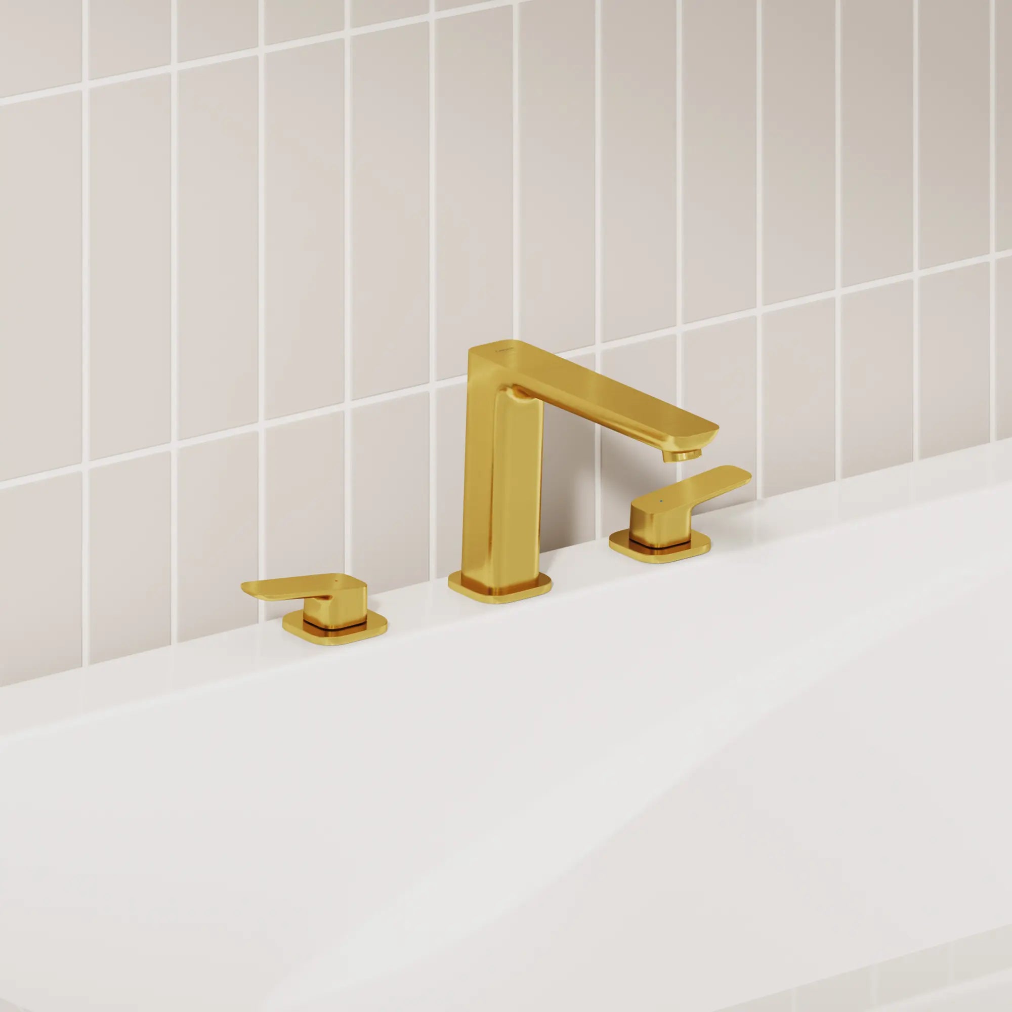 Cubeo 3-Hole 2-Handle Deck Mount Tub Filler // BRUSHED COOL SUNRISE // 252238_G3_Cubeo_EnvironmentMedium_101923GN0_40509GN1_0001_OCTOBER2024_CDNwebp.webp