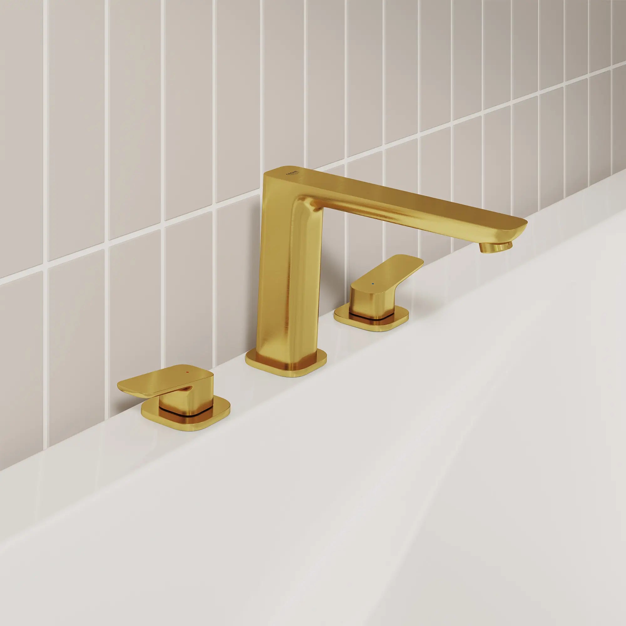 Cubeo 3-Hole 2-Handle Deck Mount Tub Filler // BRUSHED COOL SUNRISE // 252240_G3_Cubeo_EnvironmentCloseUp_101923GN0_0001_OCTOBER2024_CDNwebp.webp