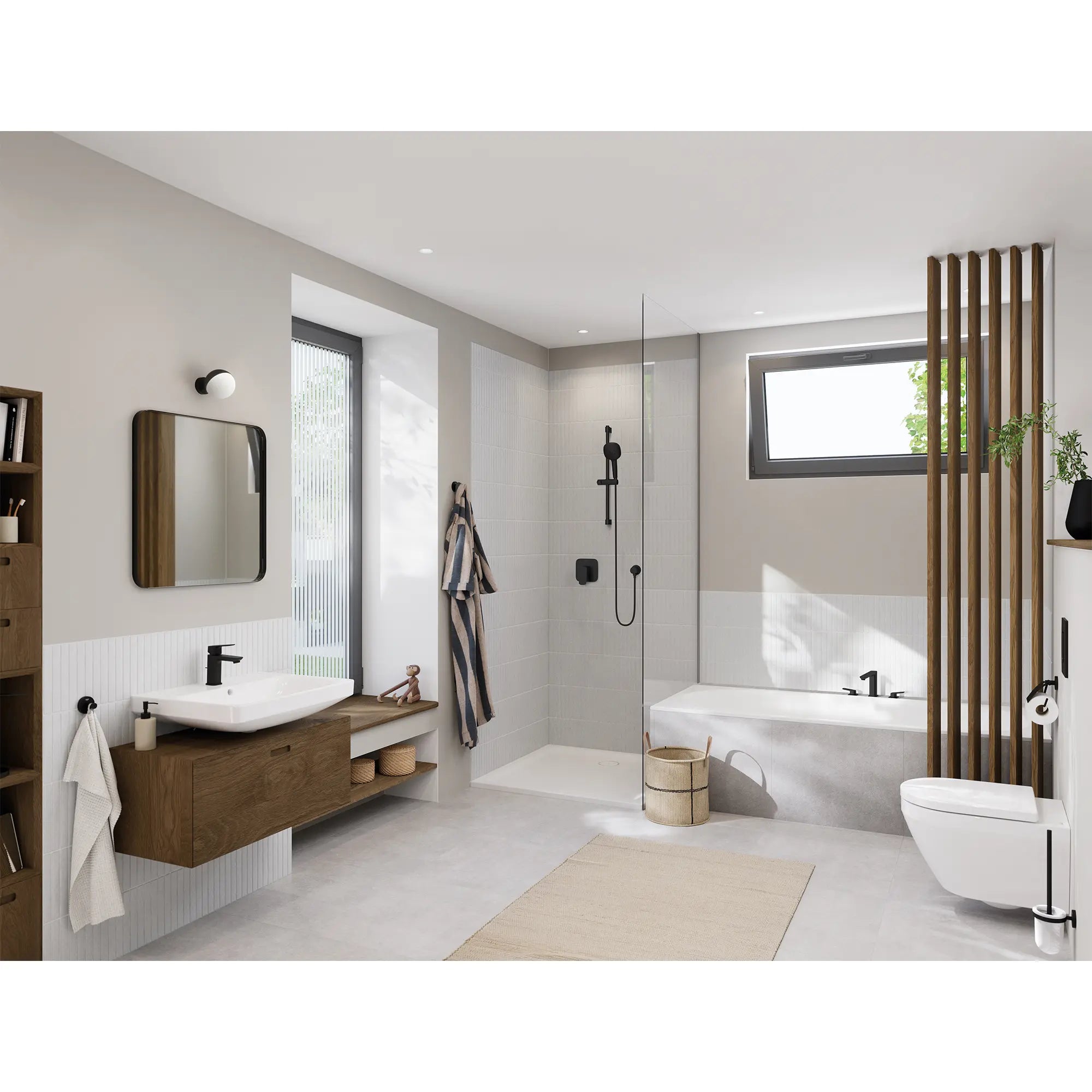 Cubeo 3-Hole 2-Handle Deck Mount Tub Filler // MATTE BLACK // 260326_GROHE_Cubeo_Rubber_EnvironmentFull_1018982430_1019232430_1019282430_269062432_266362431_0001_JANUARY2025_CDNwebp.webp