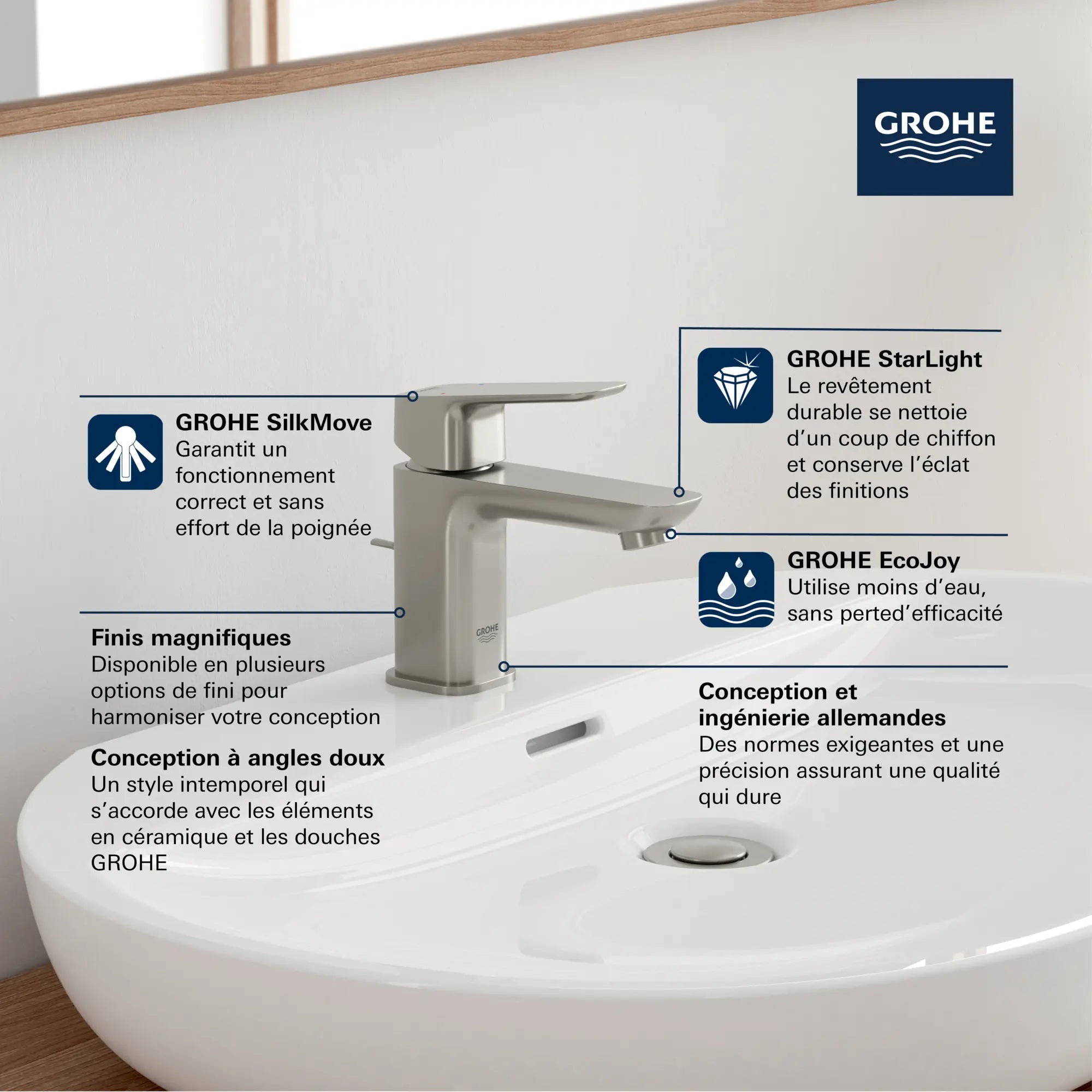 Robinet de salle de bain à orifice et manette uniques Cubeo, taille TP, 4,5 l/min (1,2 gal/min) // NICKEL BROSSÉ INFINITYFINISH // 260622_GROHE_CUBEO_Softsquare_1018970000_0002_MAR2024_Fr_0_CDNwebp.webp